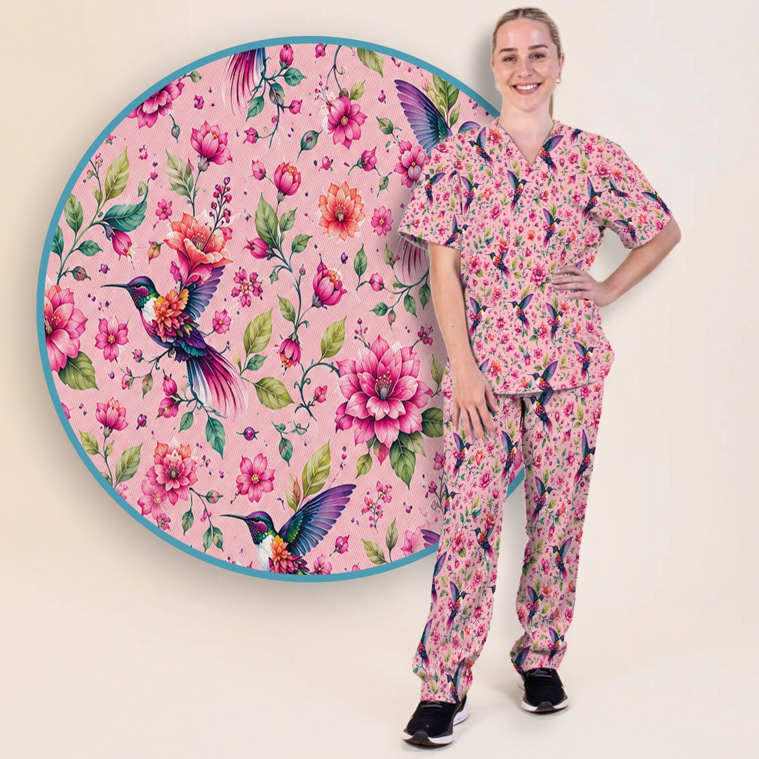 Pink Hummingbird Floral Garden Pattern Scrub Set, Scrub Pants and V Neck Top