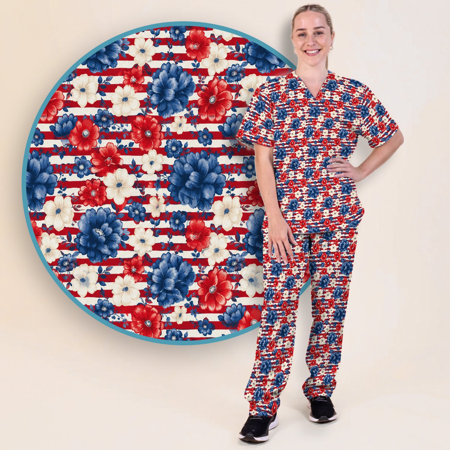 Patriotic Nurse Floral Stripe Pattern Scrub Set, Scrub Pants and V Neck Top