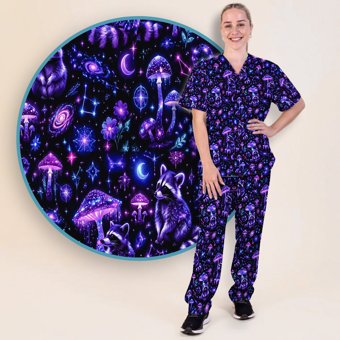 Cosmic Raccoon Mushroom Print Scrub Set, Scrub Pants and V Neck Top