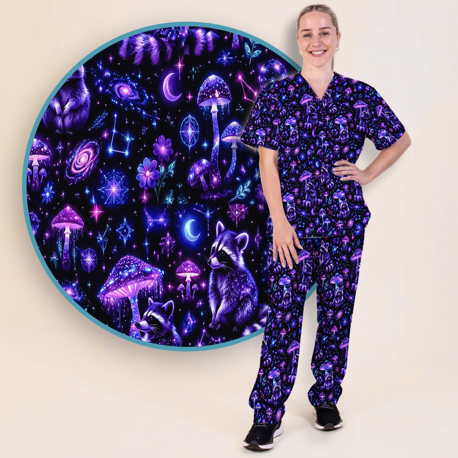 Cosmic Raccoon Mushroom Print Scrub Set, Scrub Pants and V Neck Top