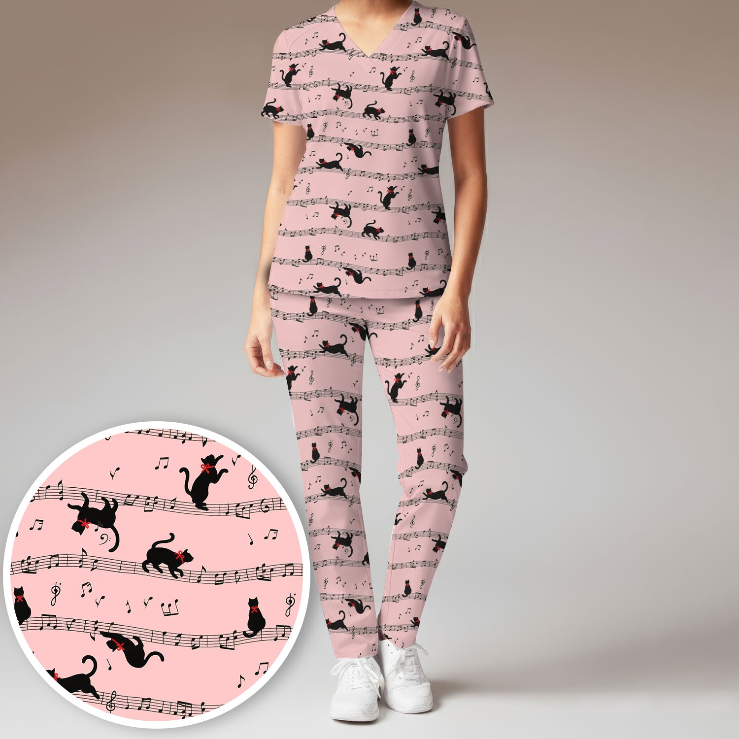 Cute Dancing Black Cat Music Staff Pattern Scrub Set, Scrub Pants and V Neck Top