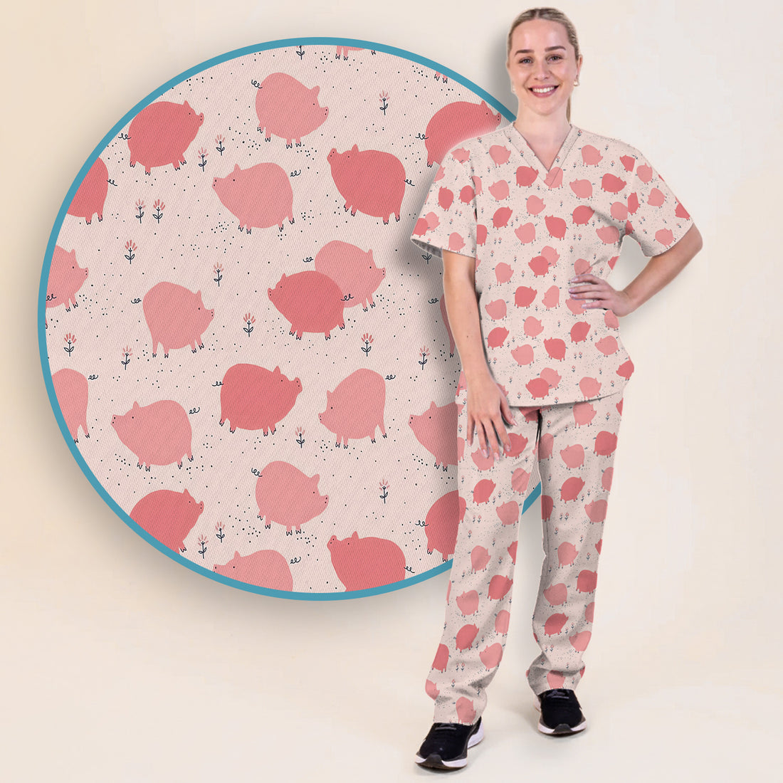 Pink Pig Farm Pattern Scrub Set, Scrub Pants and V Neck Top