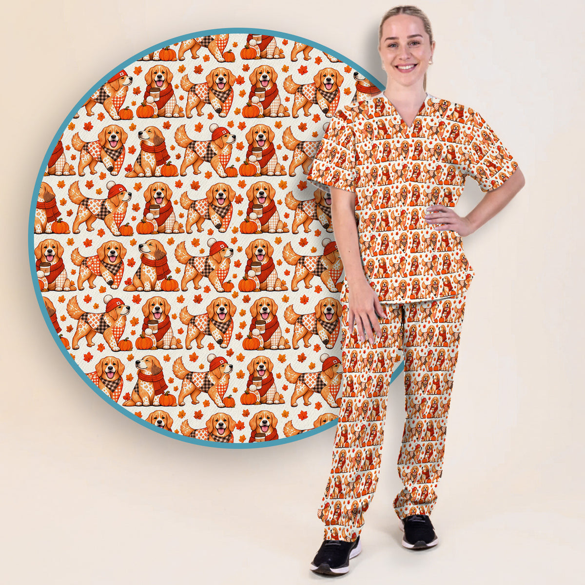 Fall Golden Retriever And Pumpkin Scrub Set, Scrub Pants and V Neck Top