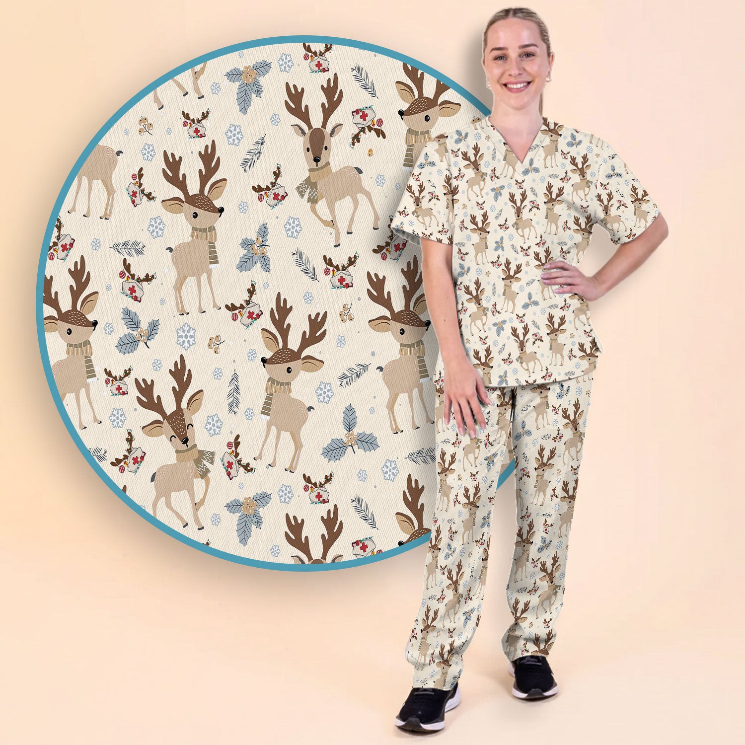 Reindeer Christmas Scrub Set - Cozy Beige Holiday Nurse Shirt with Cute Deer Pattern - Festive Medical Scrubs Pants and V Neck Top