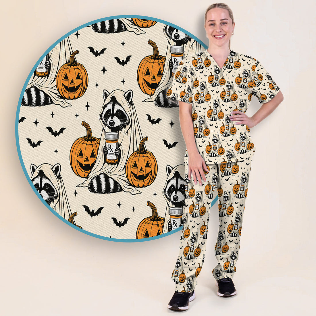 Halloween Raccoon with Pumpkin Bat Print Scrub Set, Scrub Pants and V Neck Top