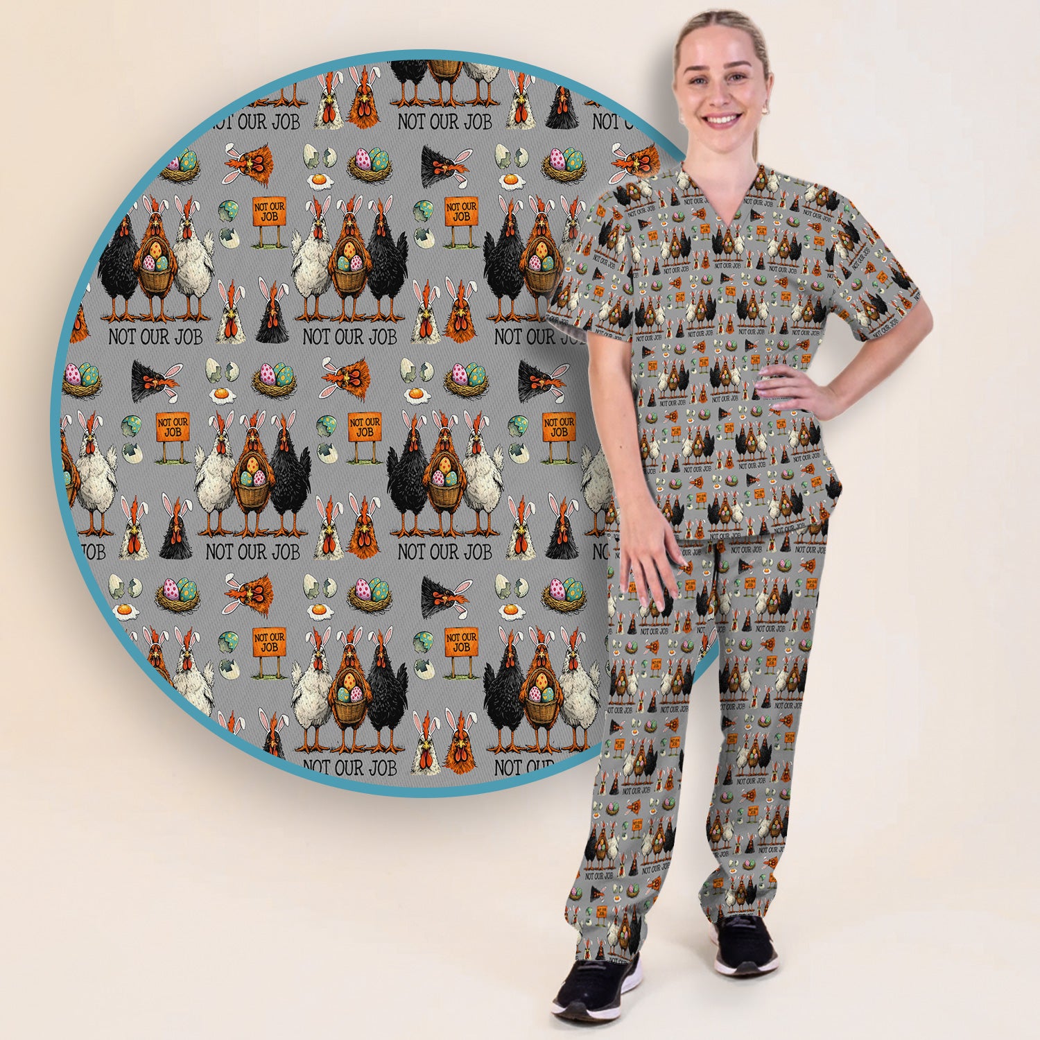 Funny Easter Chicken Humor Pattern Scrub Set, Scrub Pants and V Neck Top