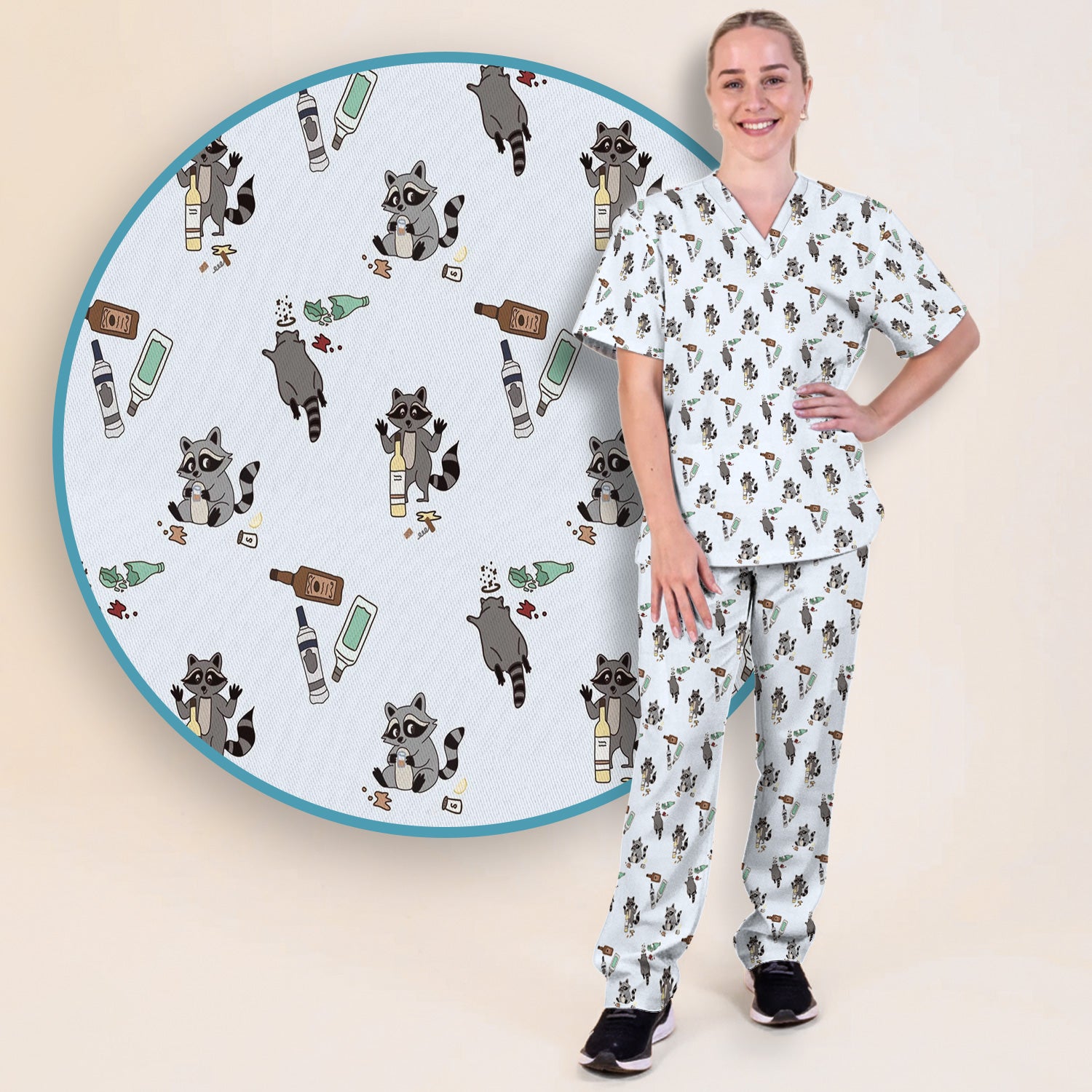 Messy Drunk Raccoon Pattern Scrub Set, Scrub Pants and V Neck Top