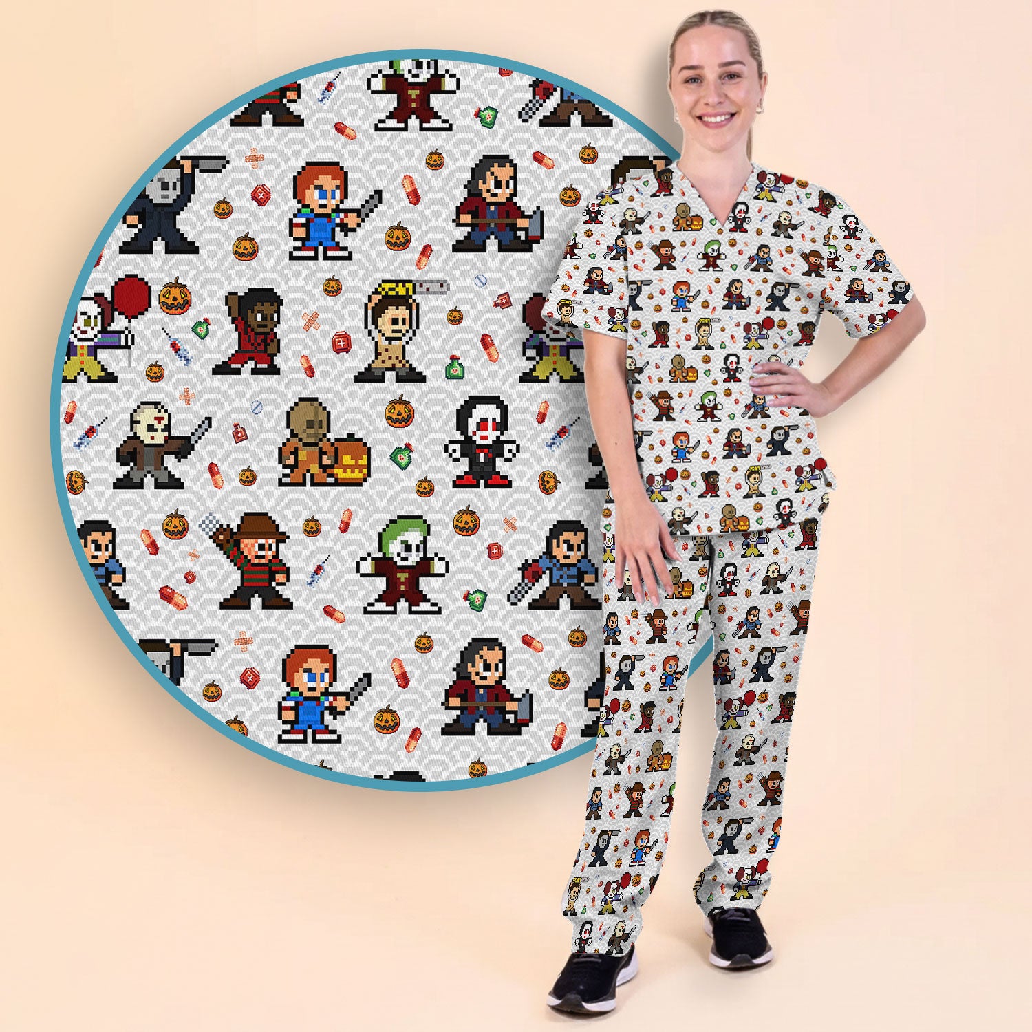 Halloween Women's Scrub Sets - Comfortable Scrubs for Nurses - Horror Movie Scrub Pants and V Neck Top - Breathable Med Uniform