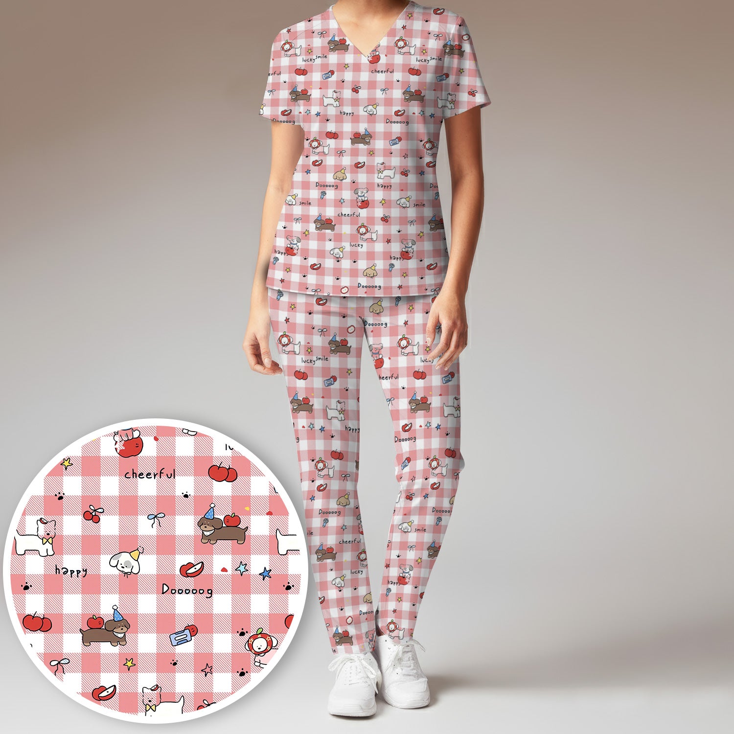 Cute Nurse Cartoon Puppy Apple Gingham Scrub Top, Breathable Fabrics Nursing Uniform