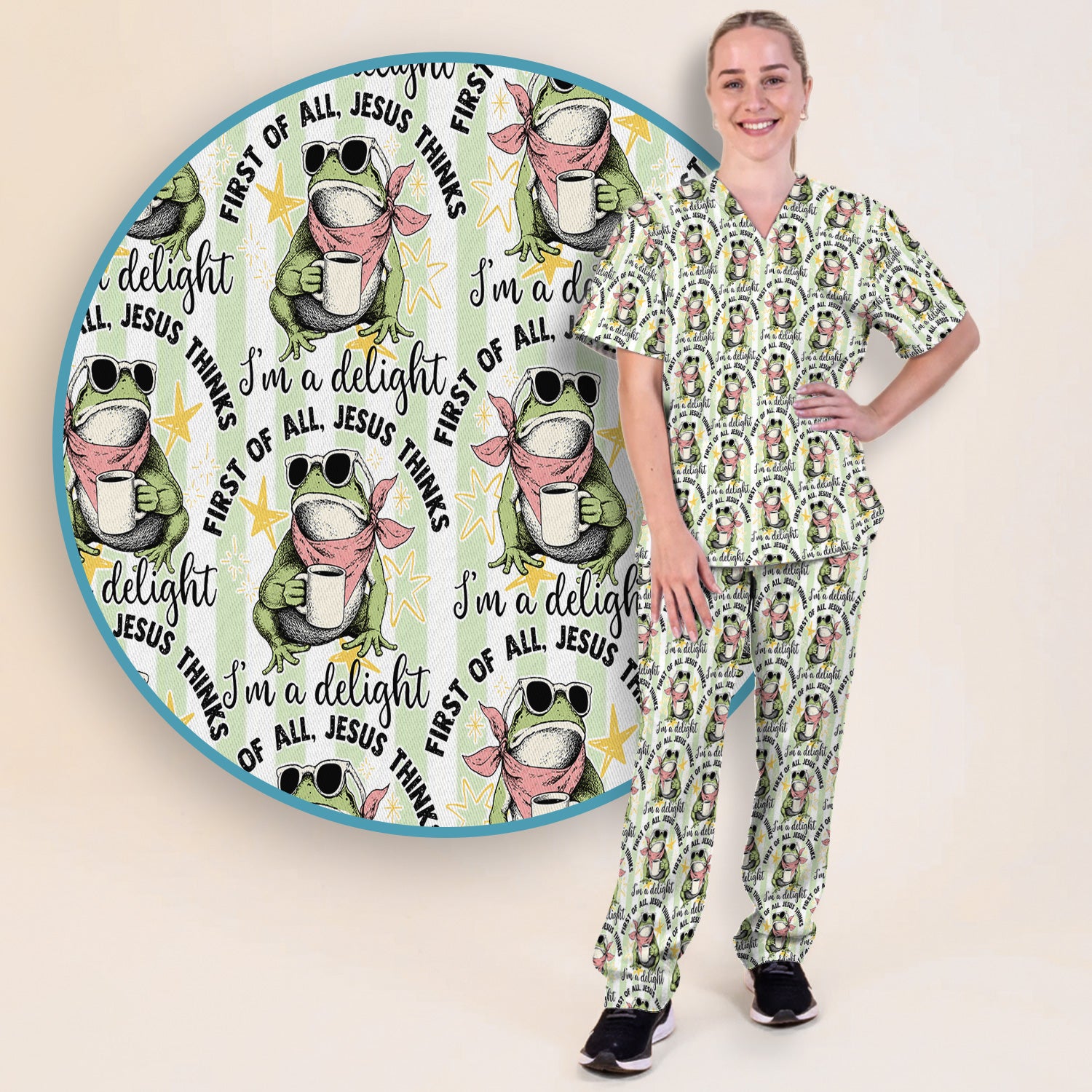 Funny Frog Coffee Quote Pattern Scrub Set, Scrub Pants and V Neck Top
