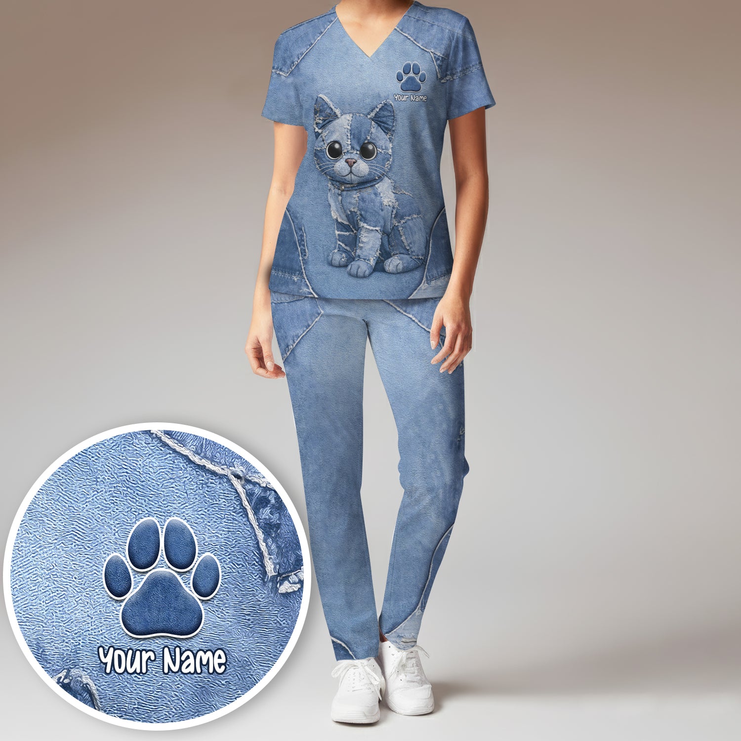 Personalized Patchwork Denim Cat Nurse Pattern Scrub Set, Scrub Pants and V Neck Top