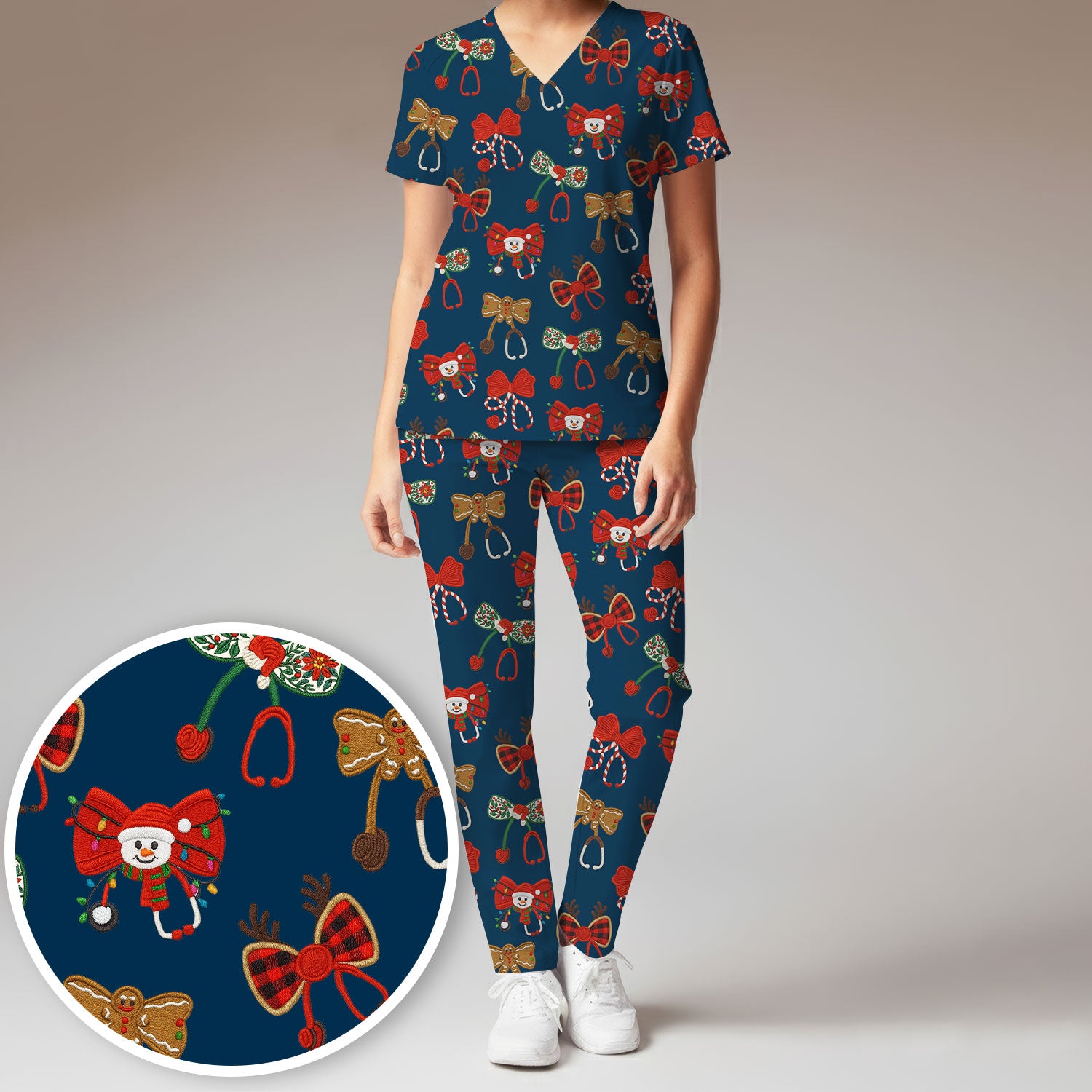 Christmas Stethoscope Bow Nurse Scrub Set, Xmas Pattern Scrub Shirt, Holiday Nursing Uniform