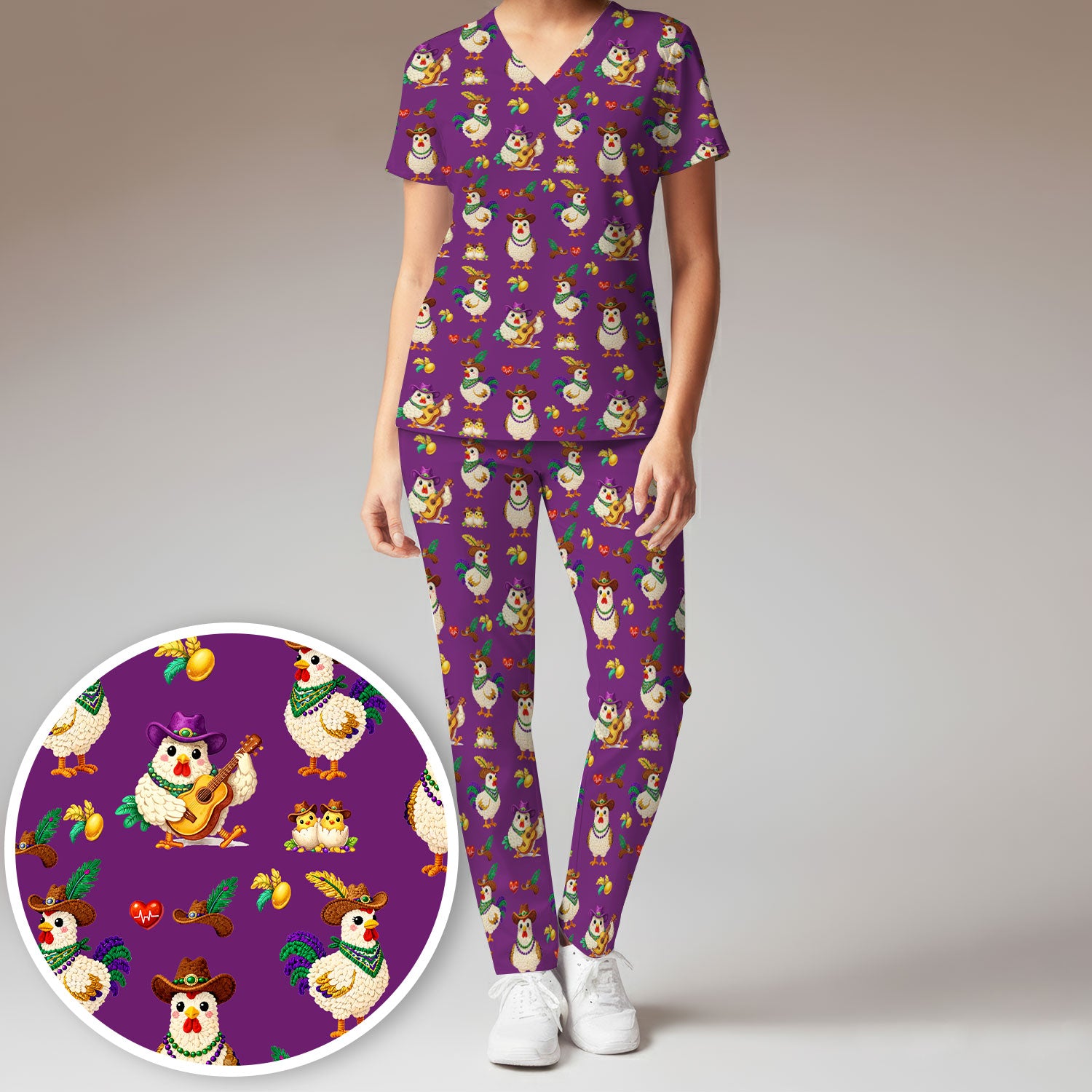 Funny Mardi Gras Rooster Cowboy Print Set, Women's Scrub Sets