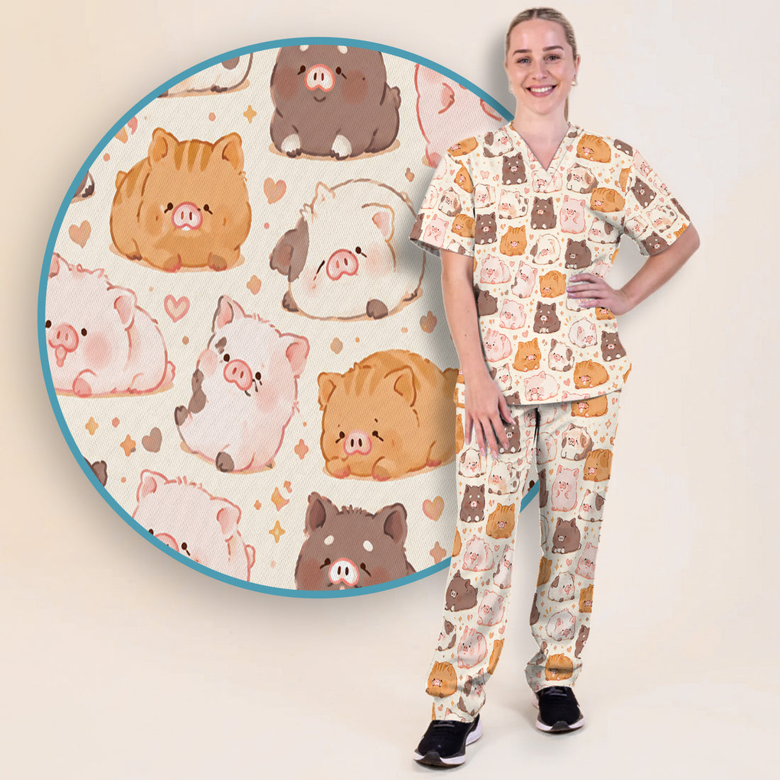 Cute Chubby Pig Nurse Print Scrub Set, Scrub Pants and V Neck Top