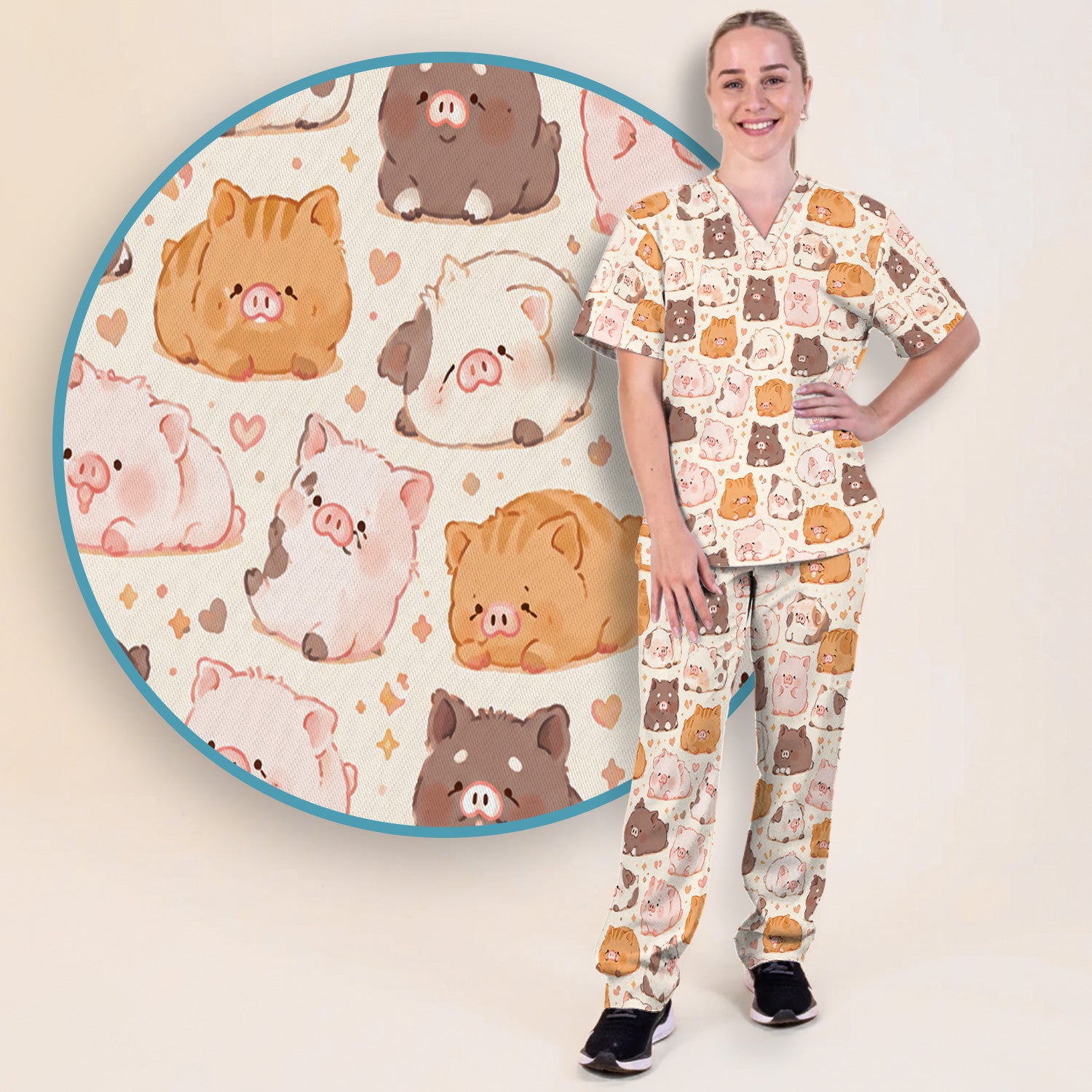 Cute Chubby Pig Nurse Print Scrub Set, Scrub Pants and V Neck Top