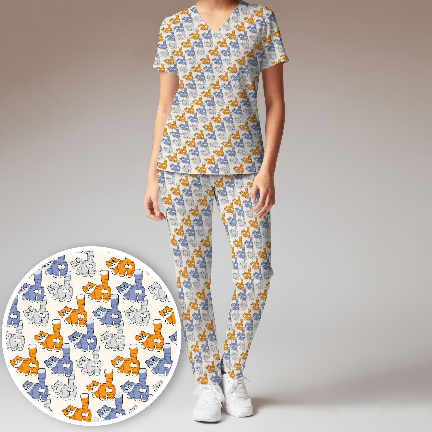 Cute Cartoon Cat Pattern Women’s Scrub Set, Breathable Med Uniform