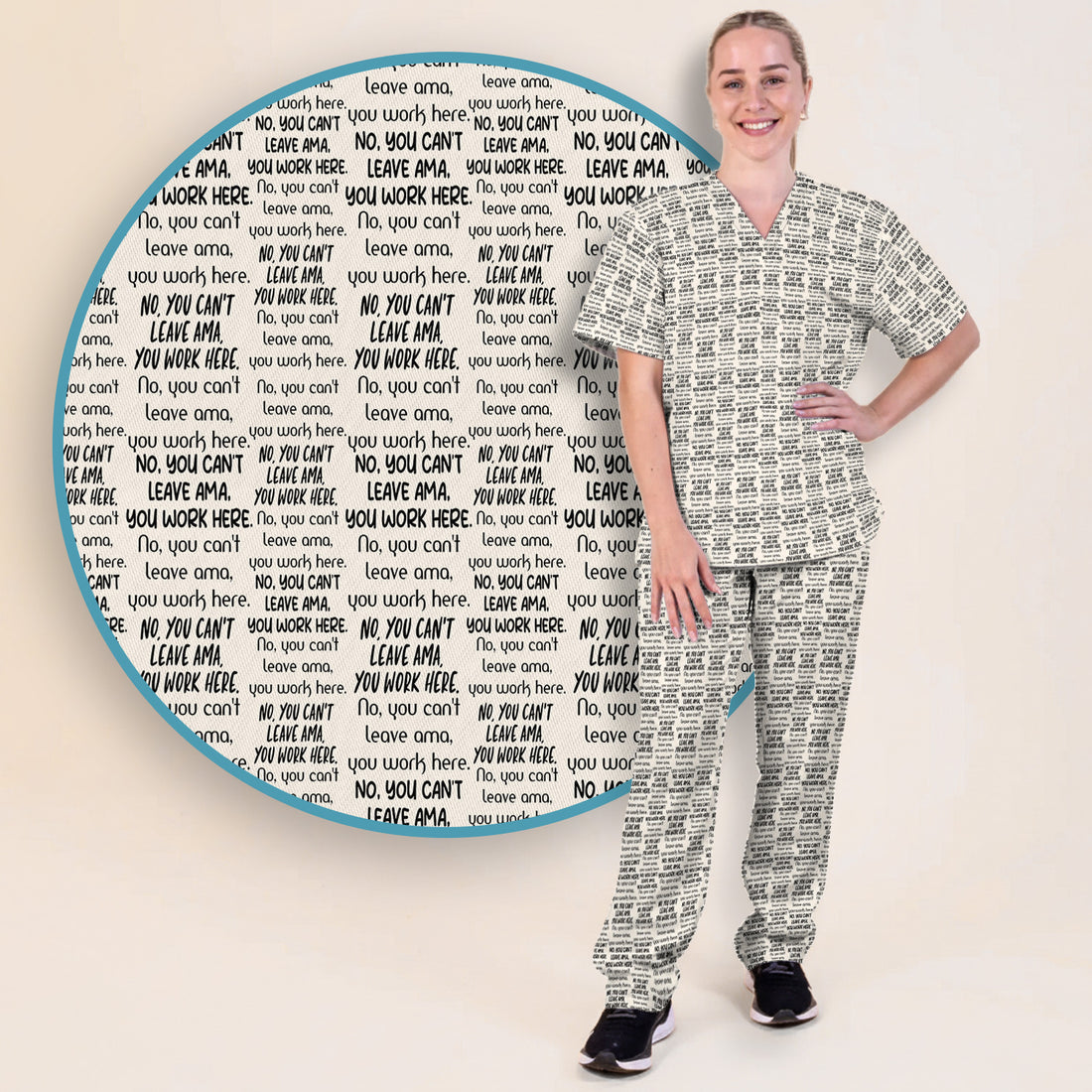 Funny Repeating Nurse Work Quote Text Pattern Scrub Set, Scrub Pants and V Neck Top