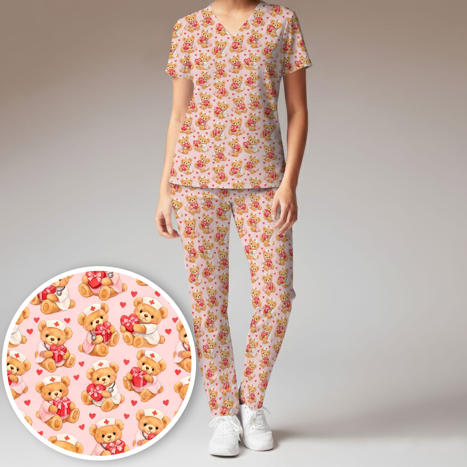 Valentine Teddy Pattern Scrub Set, Bear And Heart Medical Nurse Scrub Shirt, Breathable Fabrics Nursing Uniform