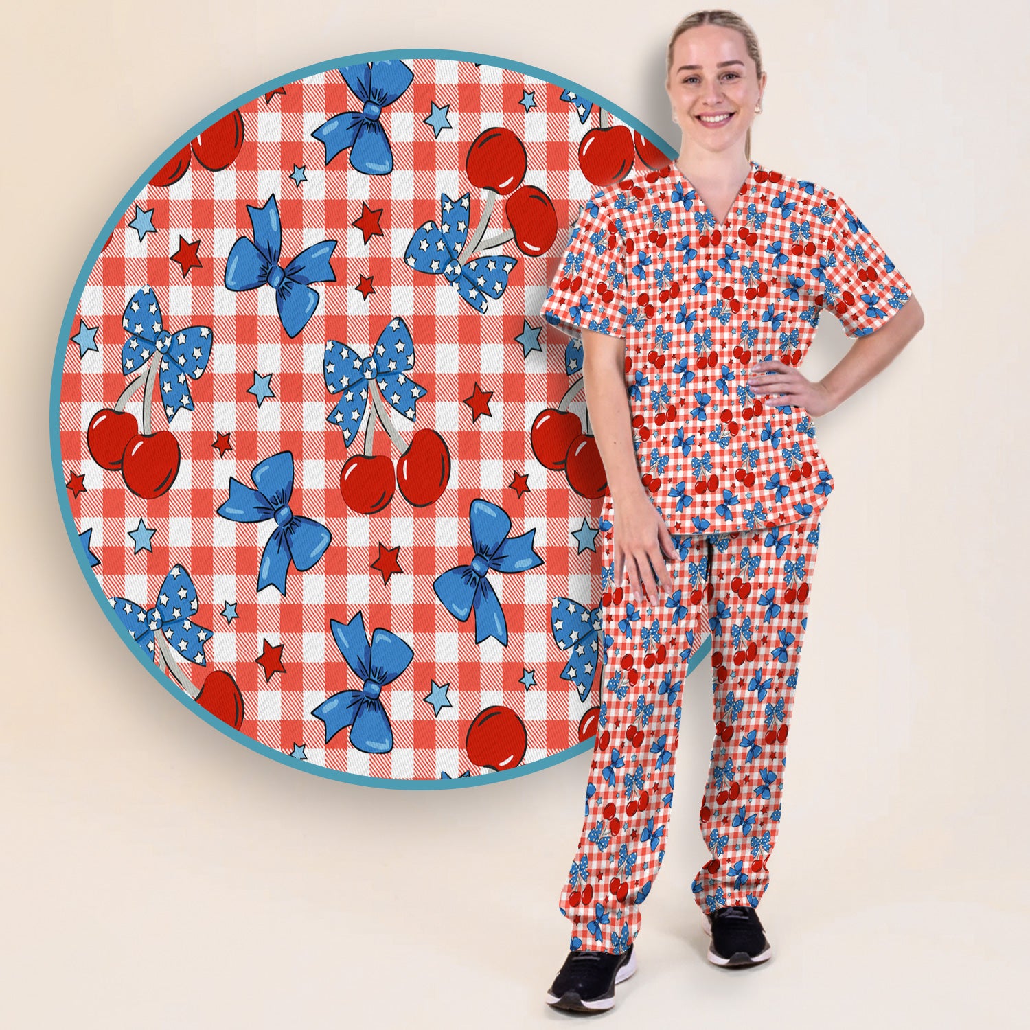 Cute Patriotic Cherry Bow Checkered Pattern Scrub Set, Scrub Pants and V Neck Top
