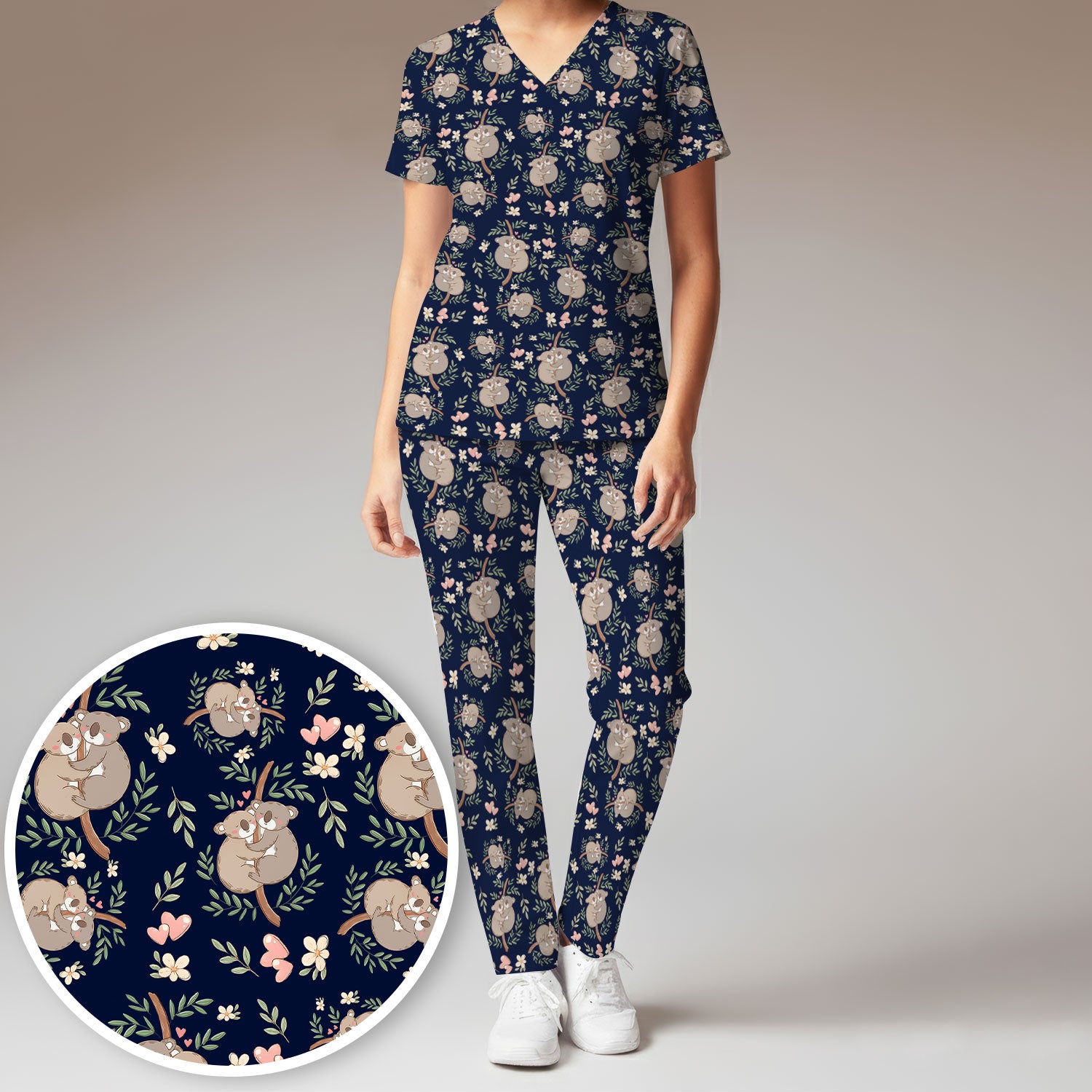 Cute Koala Couple Floral Medical Print Scrub Set, Women's Scrub Sets
