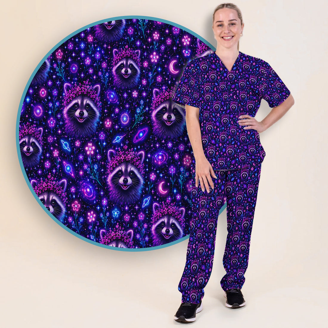 Galaxy Raccoon Nurse Pattern Scrub Set, Scrub Pants and V Neck Top
