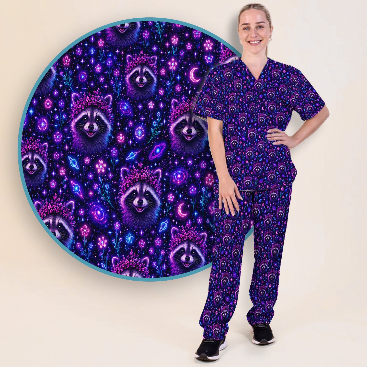 Galaxy Raccoon Nurse Pattern Scrub Set, Scrub Pants and V Neck Top