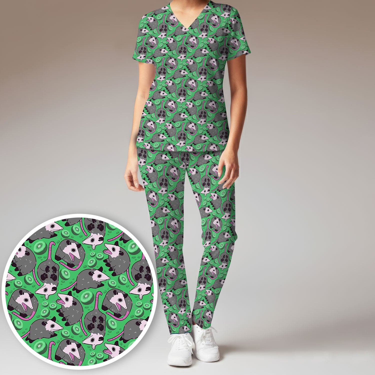 Funny Opossum Kiwi Scrub Set, Quirky Cartoon Animal Scrub Pants and V Neck Top