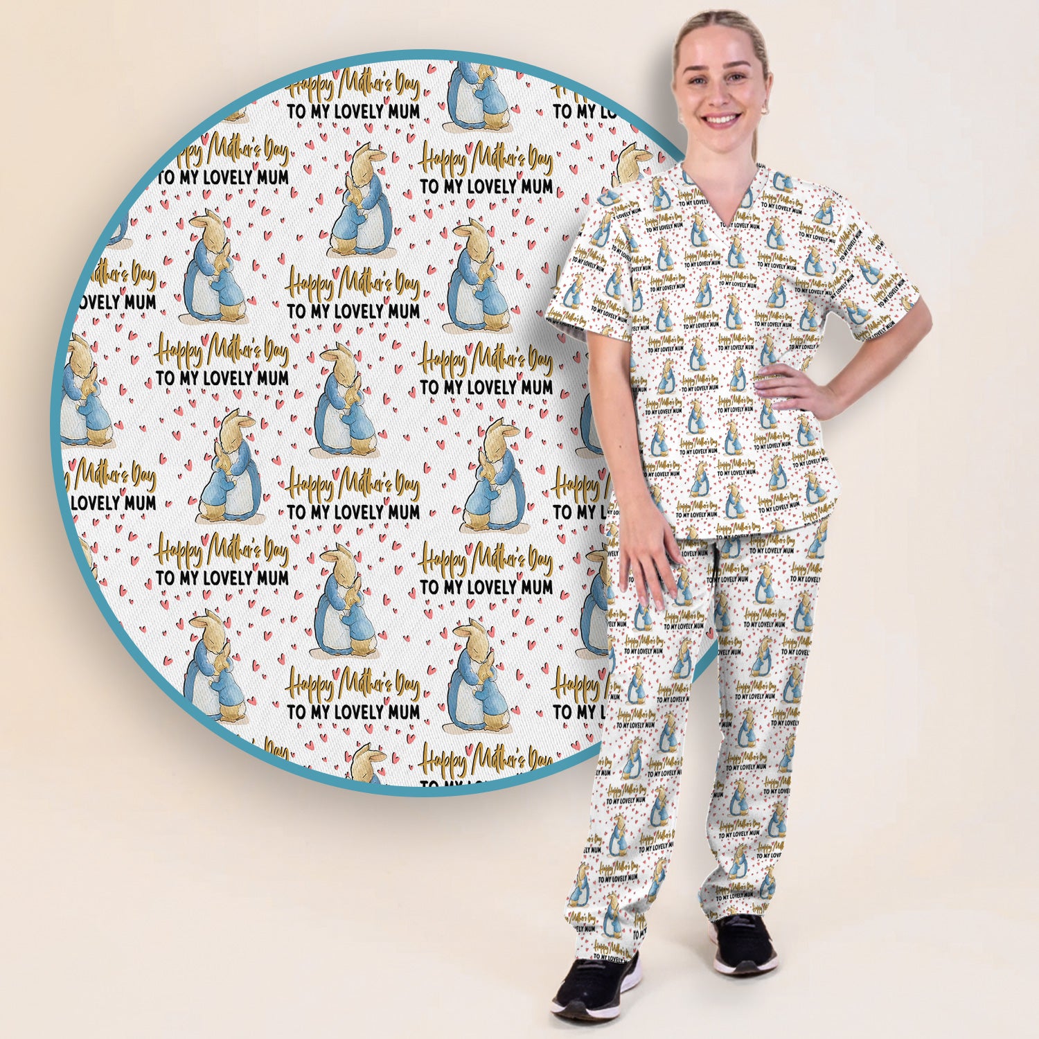 Happy Mothers Day Bunny Love Pattern Scrub Sets, Scrub Pants and V Neck Top