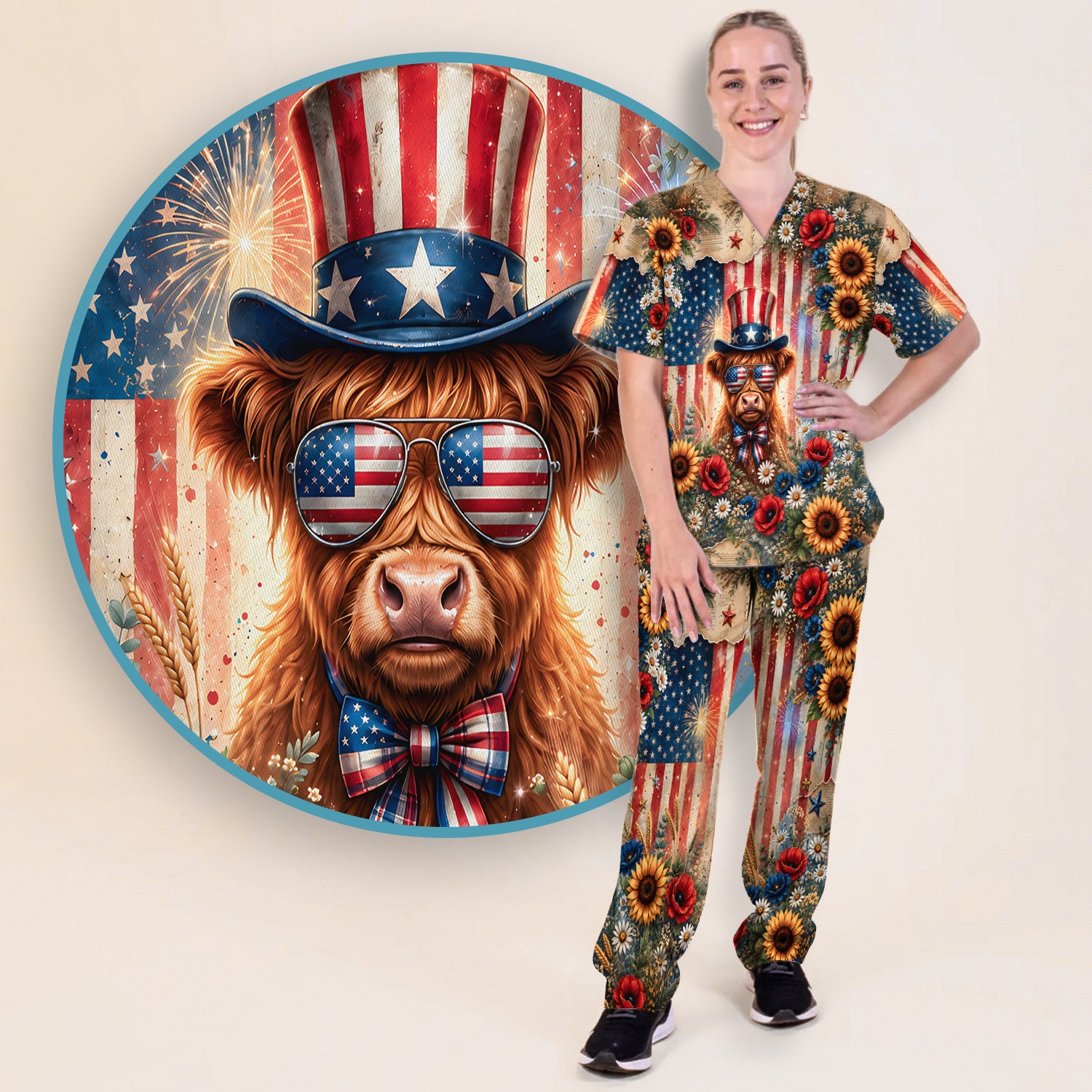 Patriotic Highland Cow Nurse for RN, CNA, Healthcare Workers Scrub Set, Scrub Pants and V Neck Top
