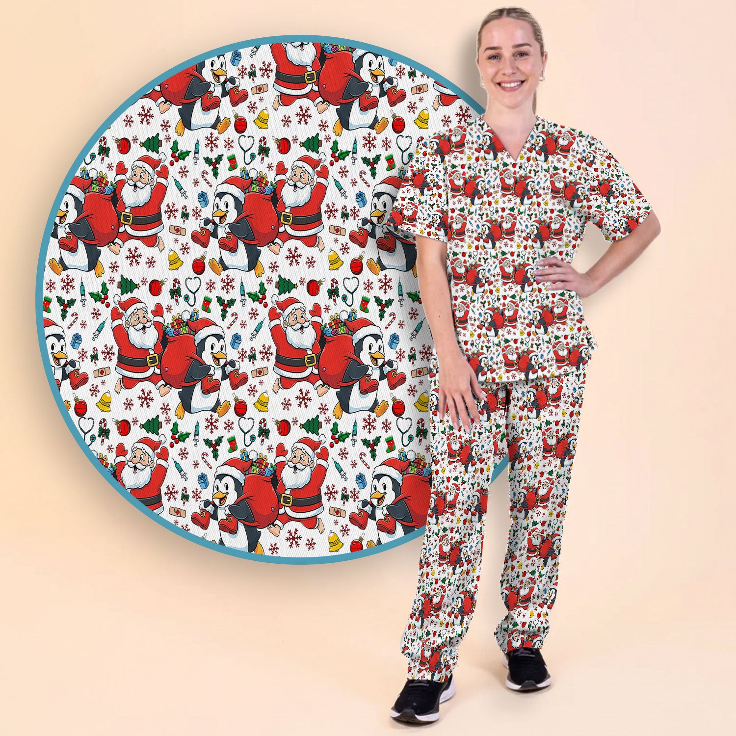 Funny Penguin Christmas Scrub Set - Santa Holiday Nurse Uniform for Women - Medical Gift for RN CNA LPN