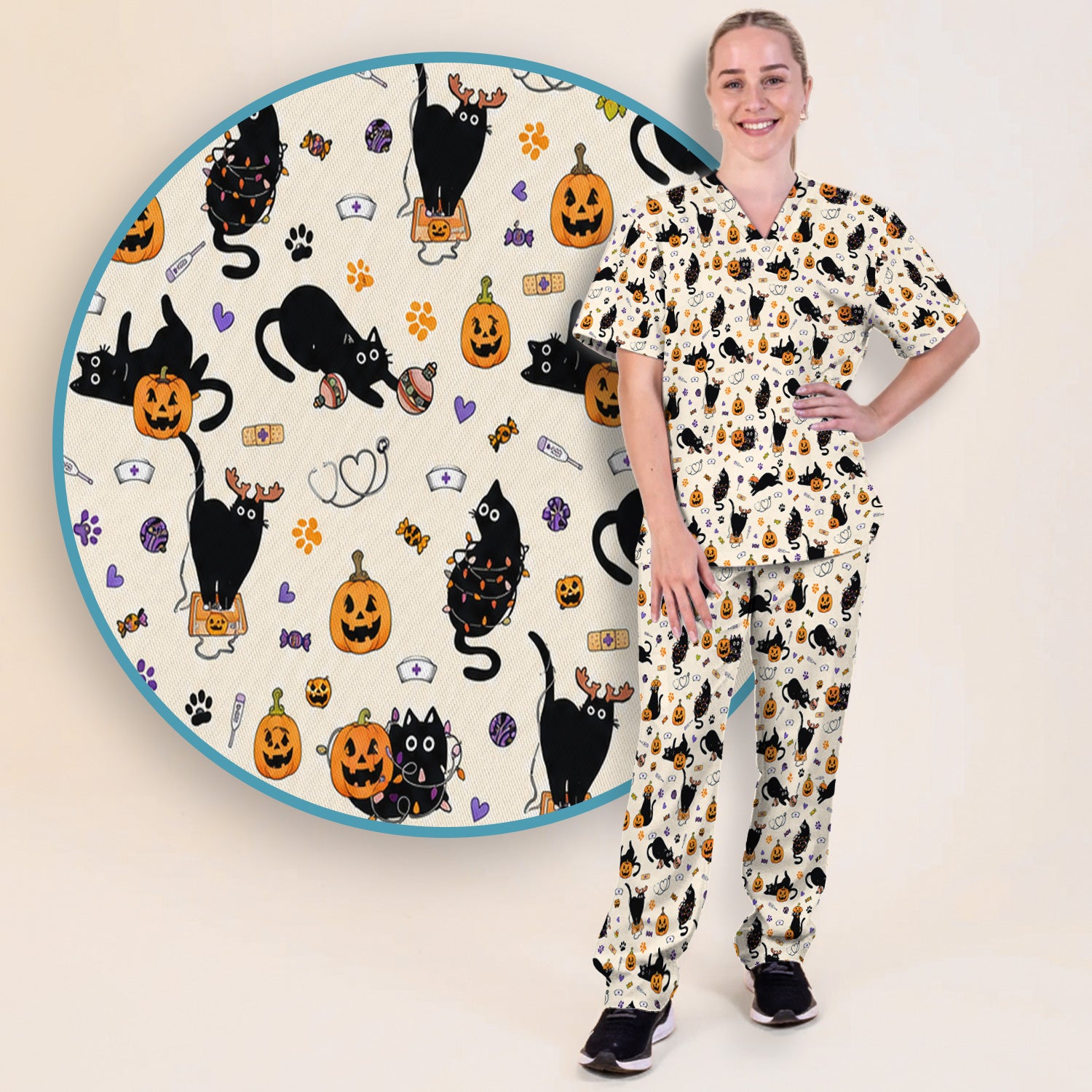Pumpkin Black Cat Pattern Scrub Set, Scrub Pants and V Neck Top