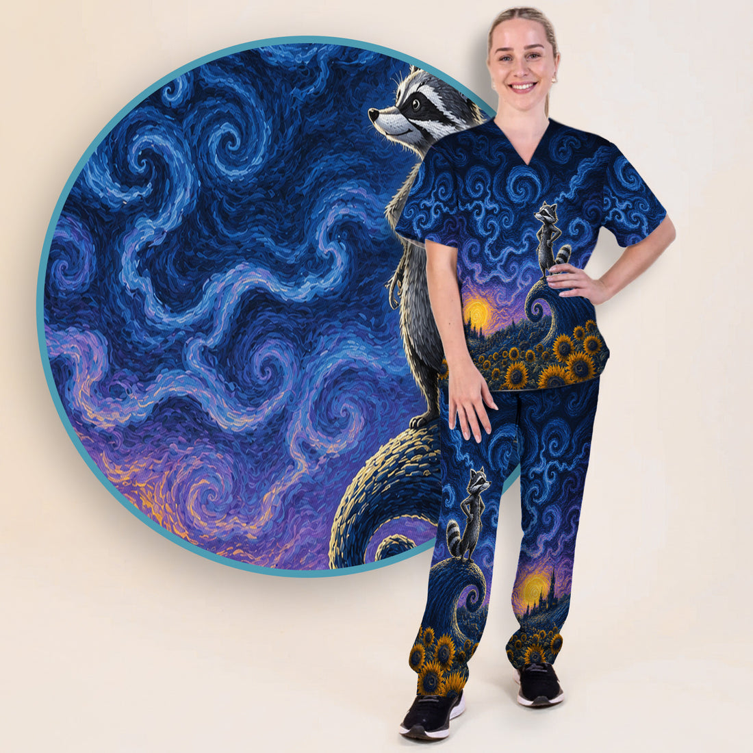 Starry Raccoon Print Scrub Set, Scrub Pants and V Neck Top