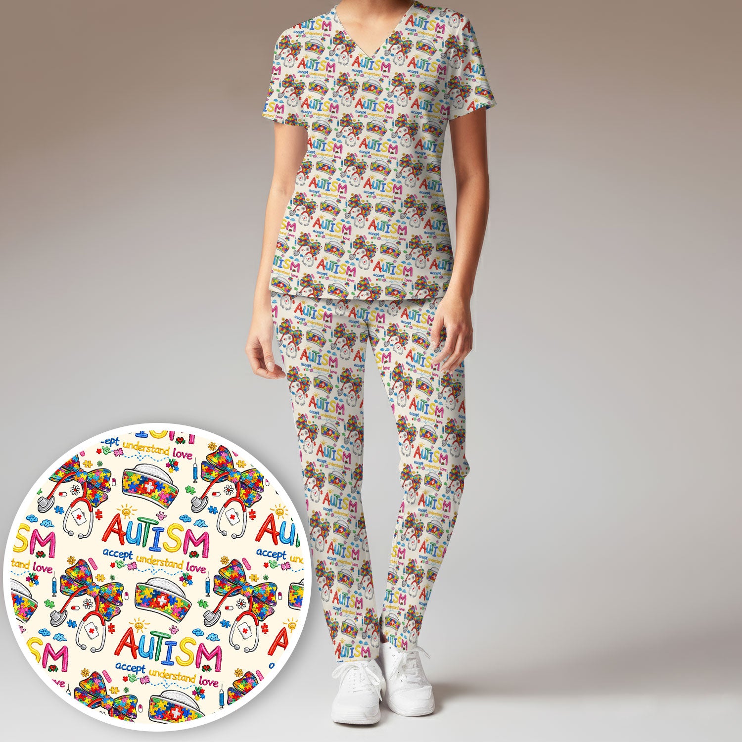 Autism Awareness Pattern Nurse Scrub Set, Accept Understand Love Puzzle Nurses Shirt, Breathable Fabrics Nursing Uniform