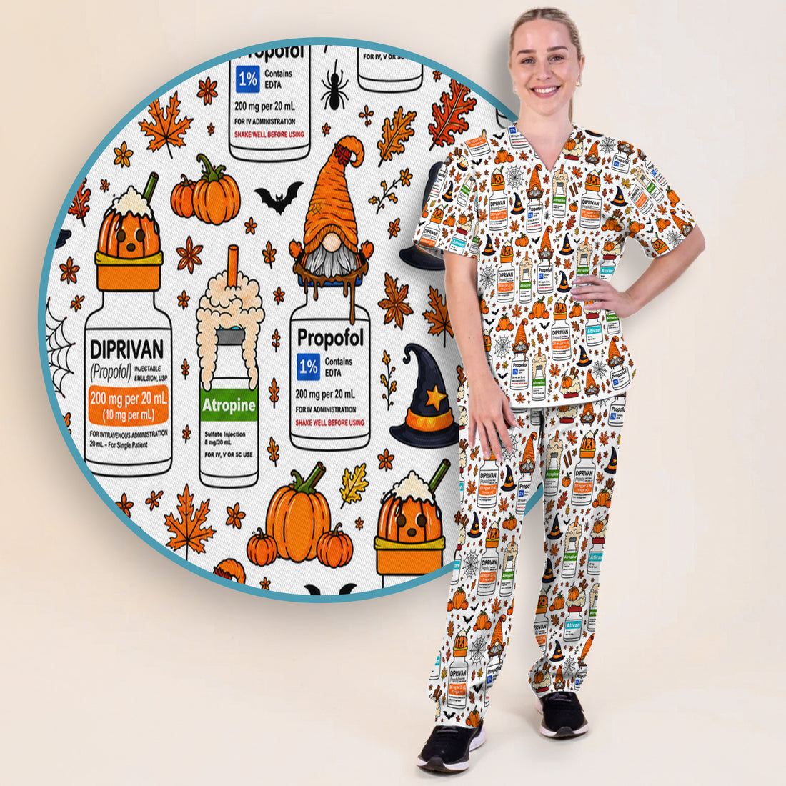 Funny Witch Hat & Pumpkin Print Scrub Set, Scrub Pants and V Neck Top