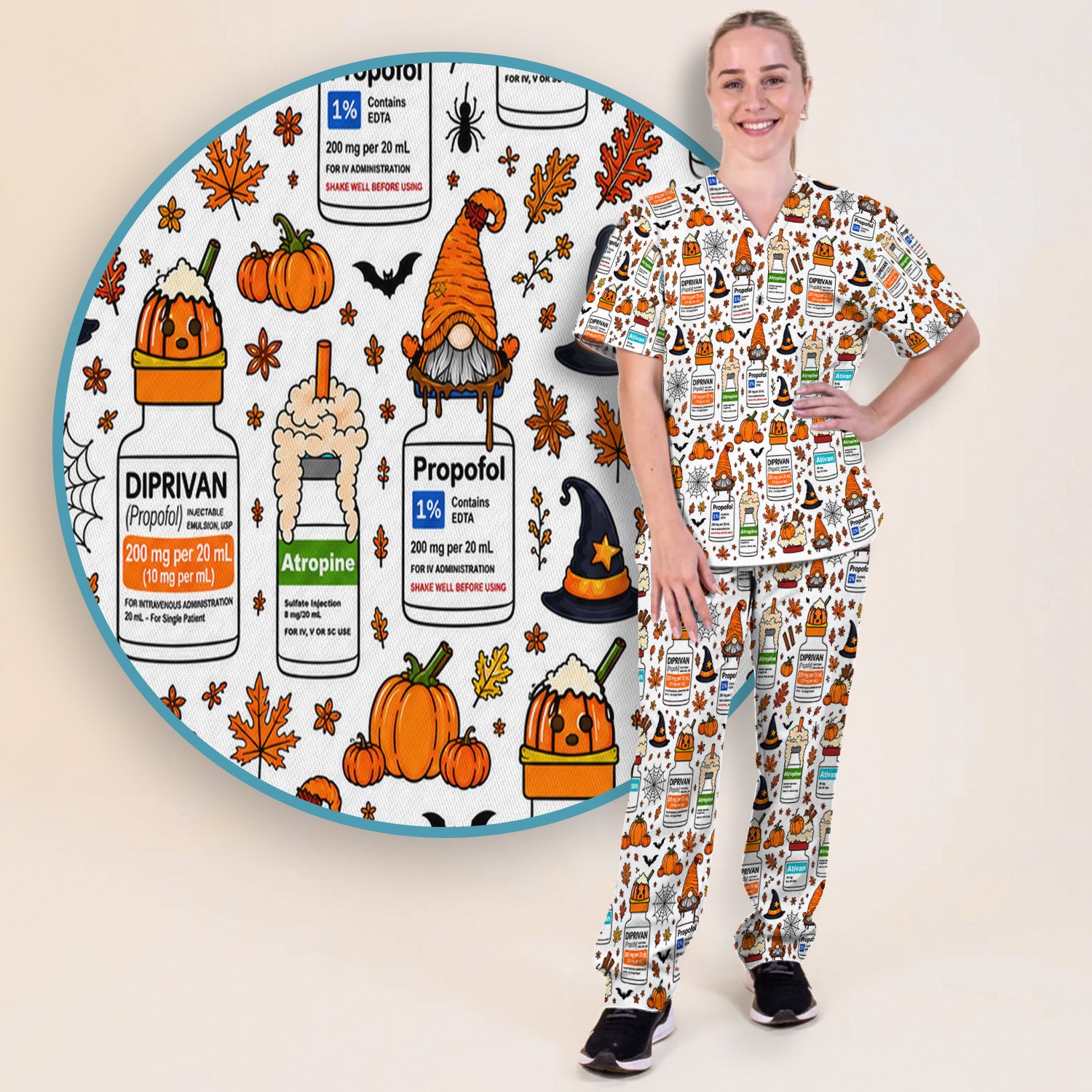 Funny Witch Hat & Pumpkin Print Scrub Set, Scrub Pants and V Neck Top