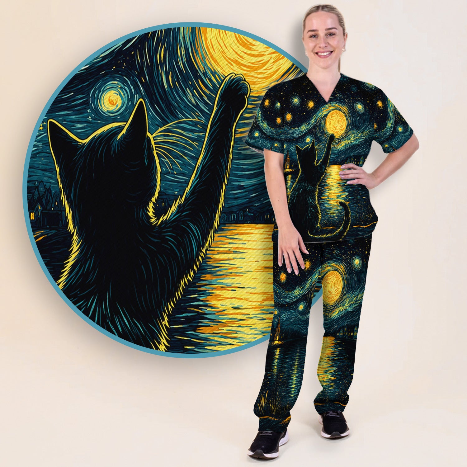 Starry Moonlit Black Cat Scrub Set, Scrub Pants and V Neck Top