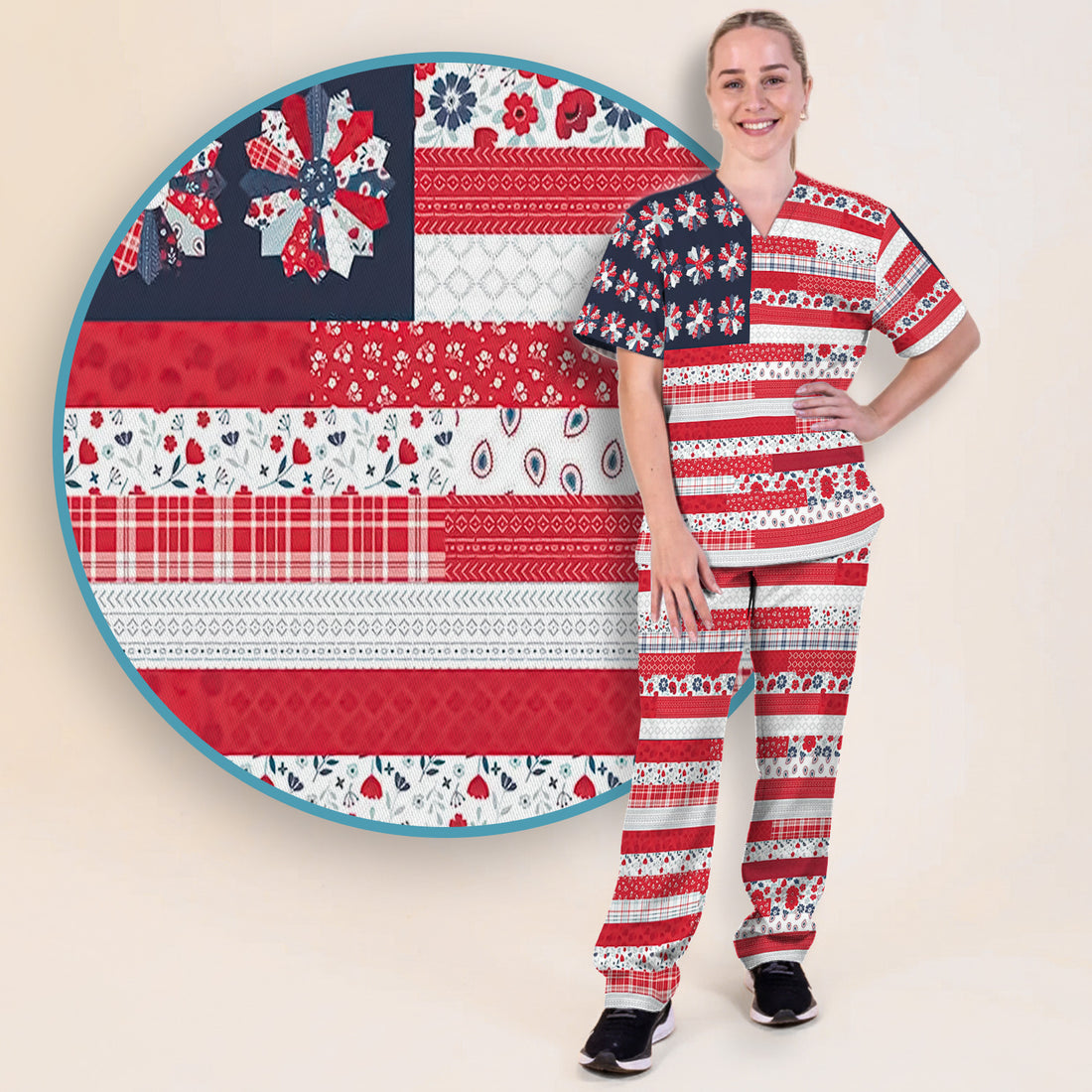 Patriotic Floral Flag Patchwork Pattern Scrub Set, Scrub Pants and V Neck Top