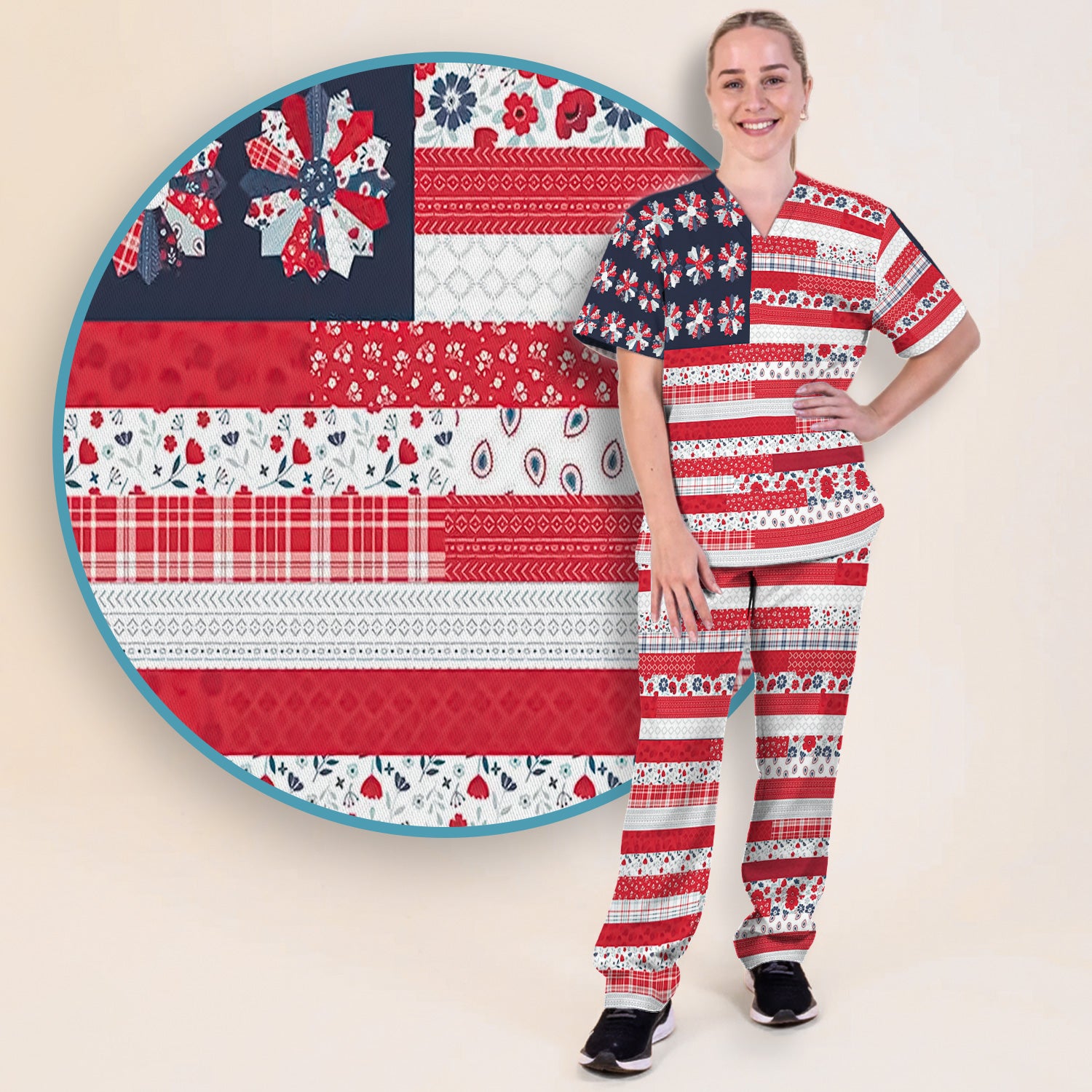 Patriotic Floral Flag Patchwork Pattern Scrub Set, Scrub Pants and V Neck Top