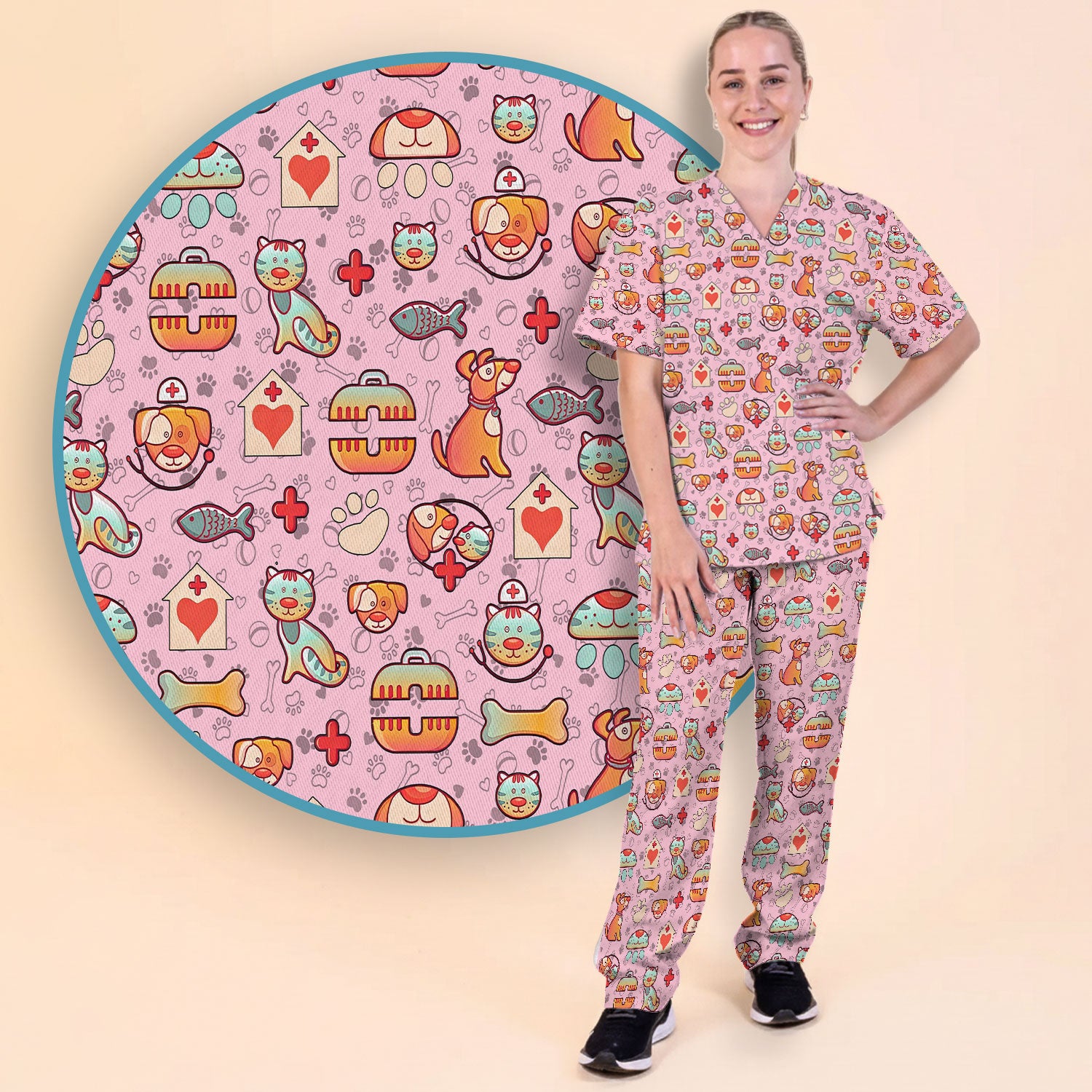 Veterinary Nurse Scrub Set - Cute Cat Dog Paw Scrubs Pants and V Neck Top - Funny Animal Vet Tech Uniform for Women