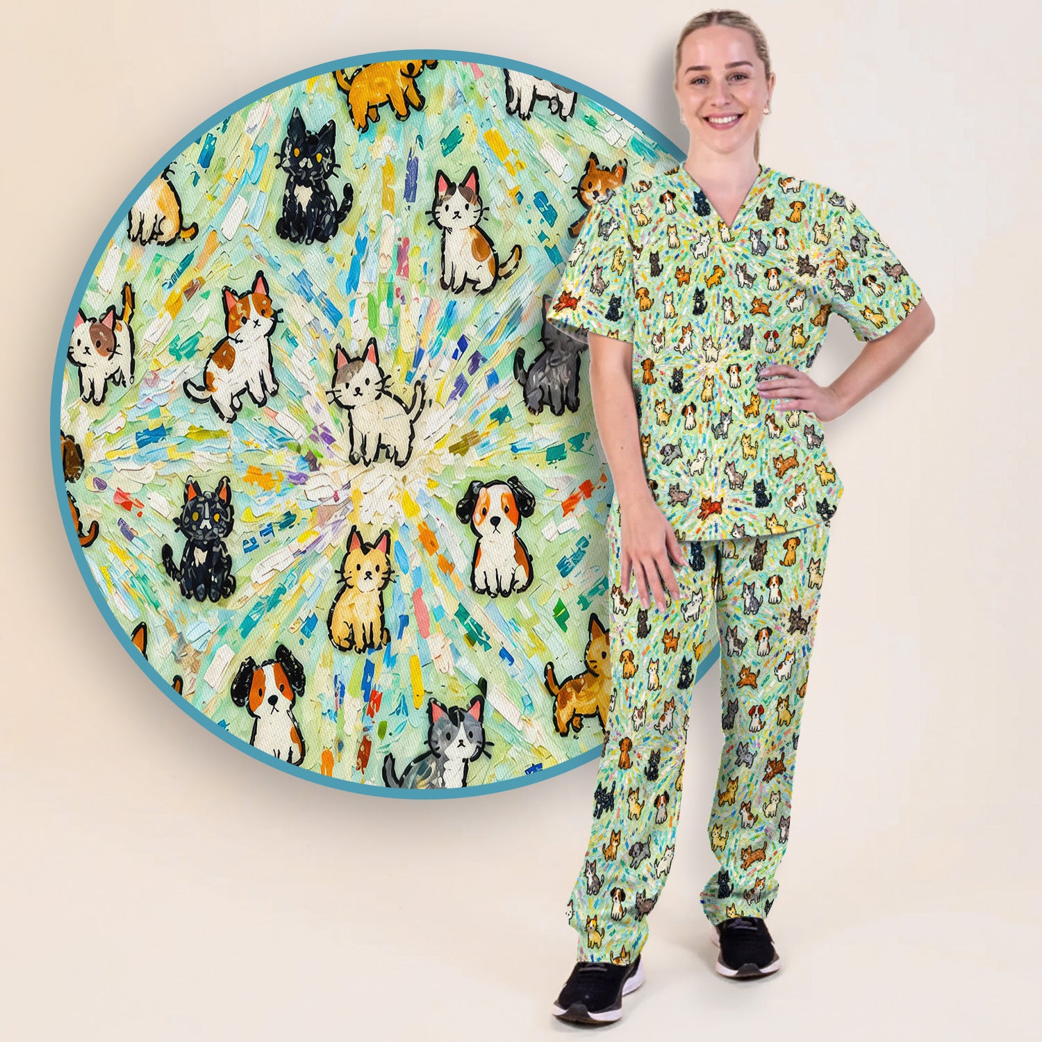 Colorful Cats Dogs Doodle Pattern Scrub Set, Scrub Pants and V Neck Top