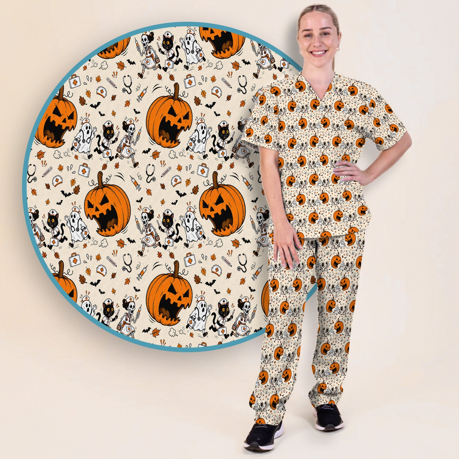 Funny Halloween Pumpkin Chasing Nurses Scrub Set, Scrub Pants and V Neck Top