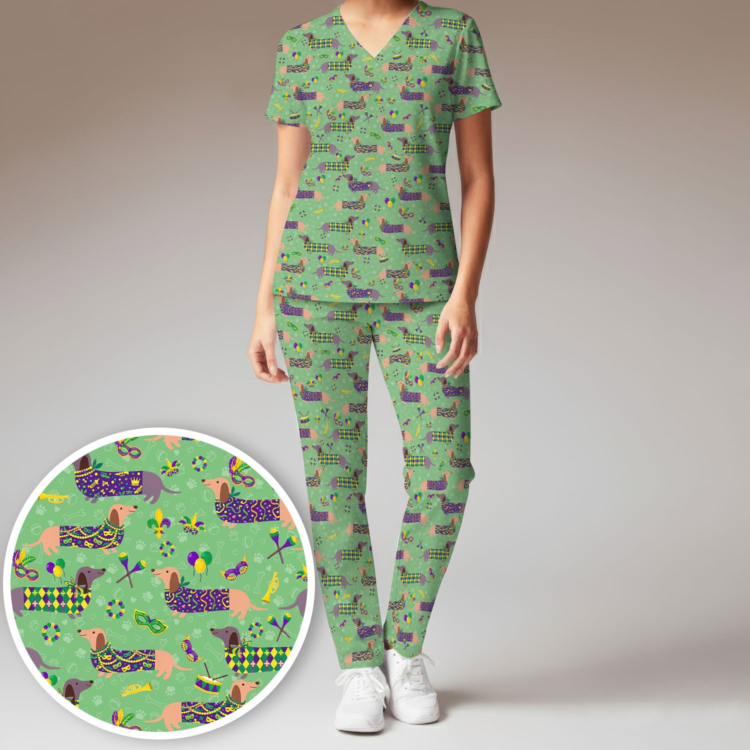 Mardi Gras Dachshund Nurse Scrub Set, Wiener Dog Holiday Pattern Nurses Shirt, Comfortable Uniform Scrubs For Nursing