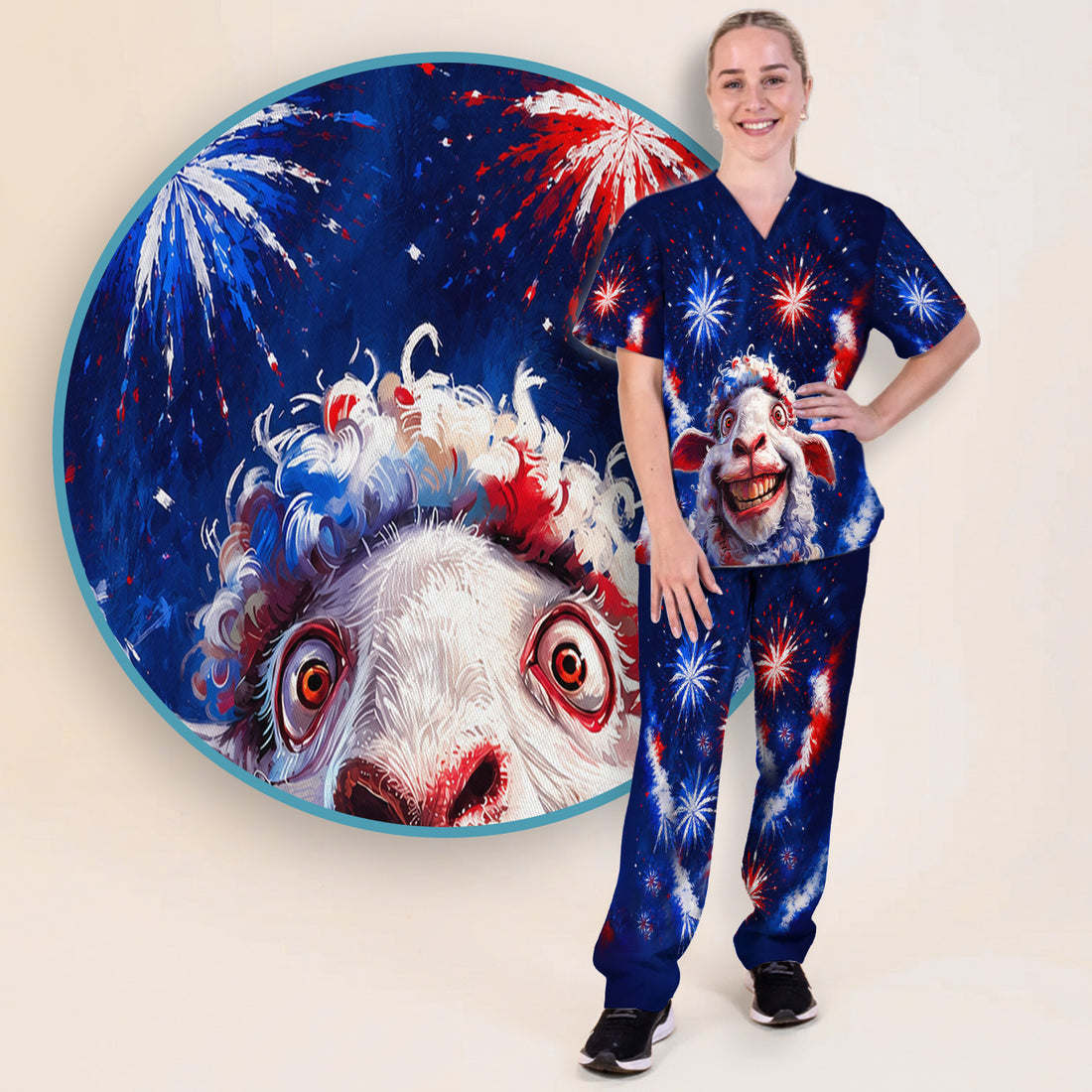 Funny Patriotic Sheep Fireworks Print Scrub Set, Scrub Pants and V Neck Top