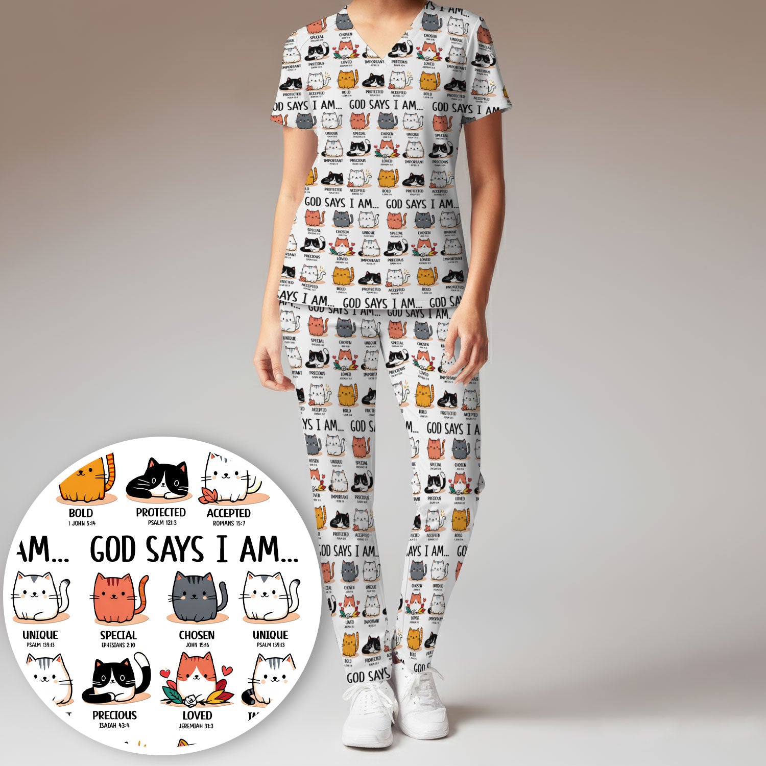 Cute Christian Cat God Says I Am Women's Scrub Set, Breathable Med Uniform