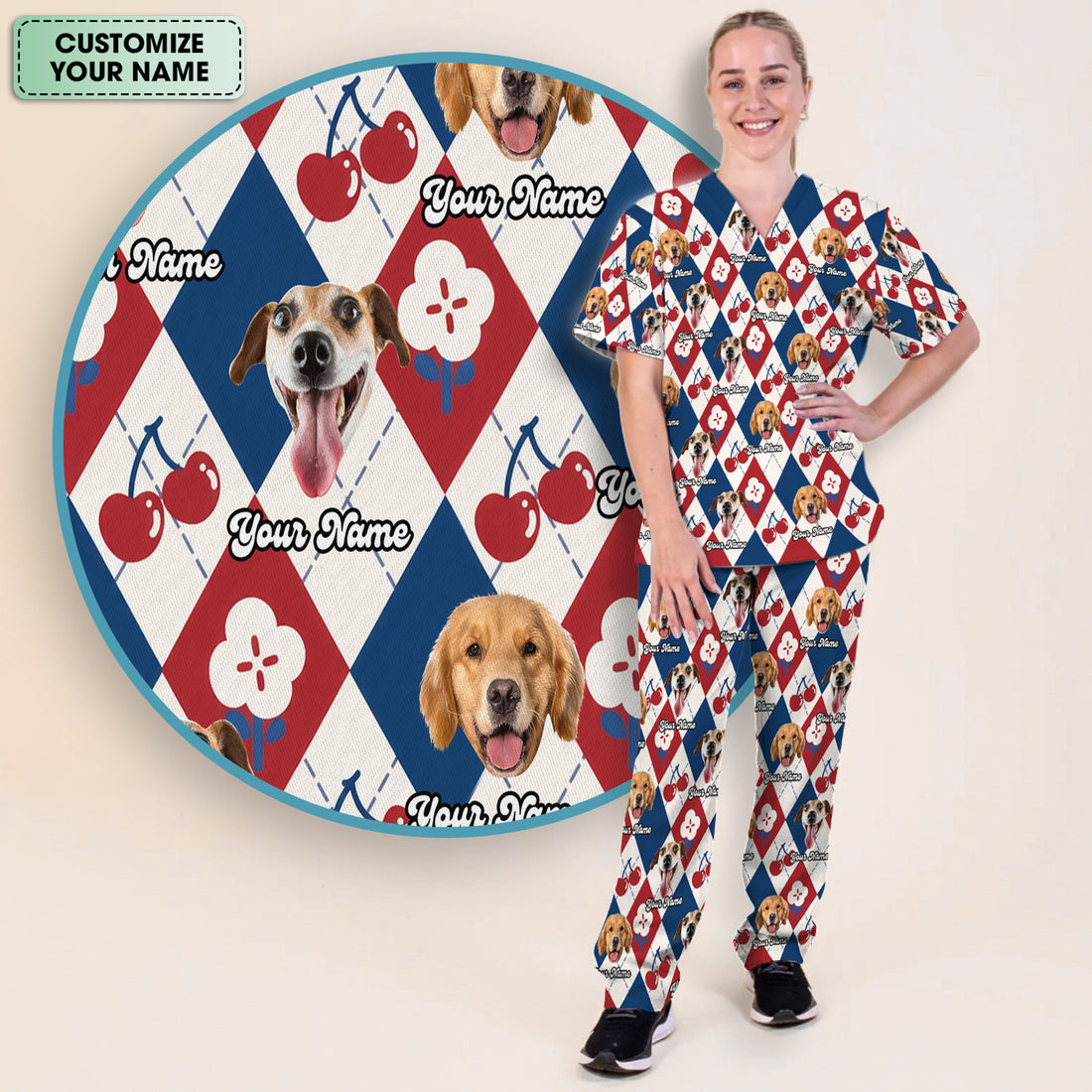 Custom Dog Face Scrub Set, Playful Dog Cherry Argyle Pattern Shirt, Breathable Fabrics Nursing Uniform