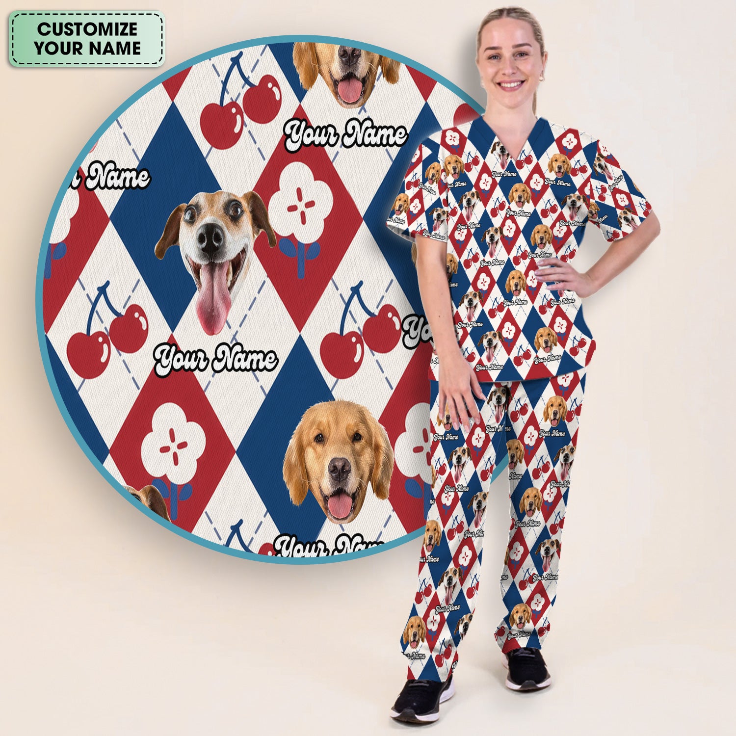 Custom Dog Face Scrub Set, Playful Dog Cherry Argyle Pattern Shirt, Breathable Fabrics Nursing Uniform