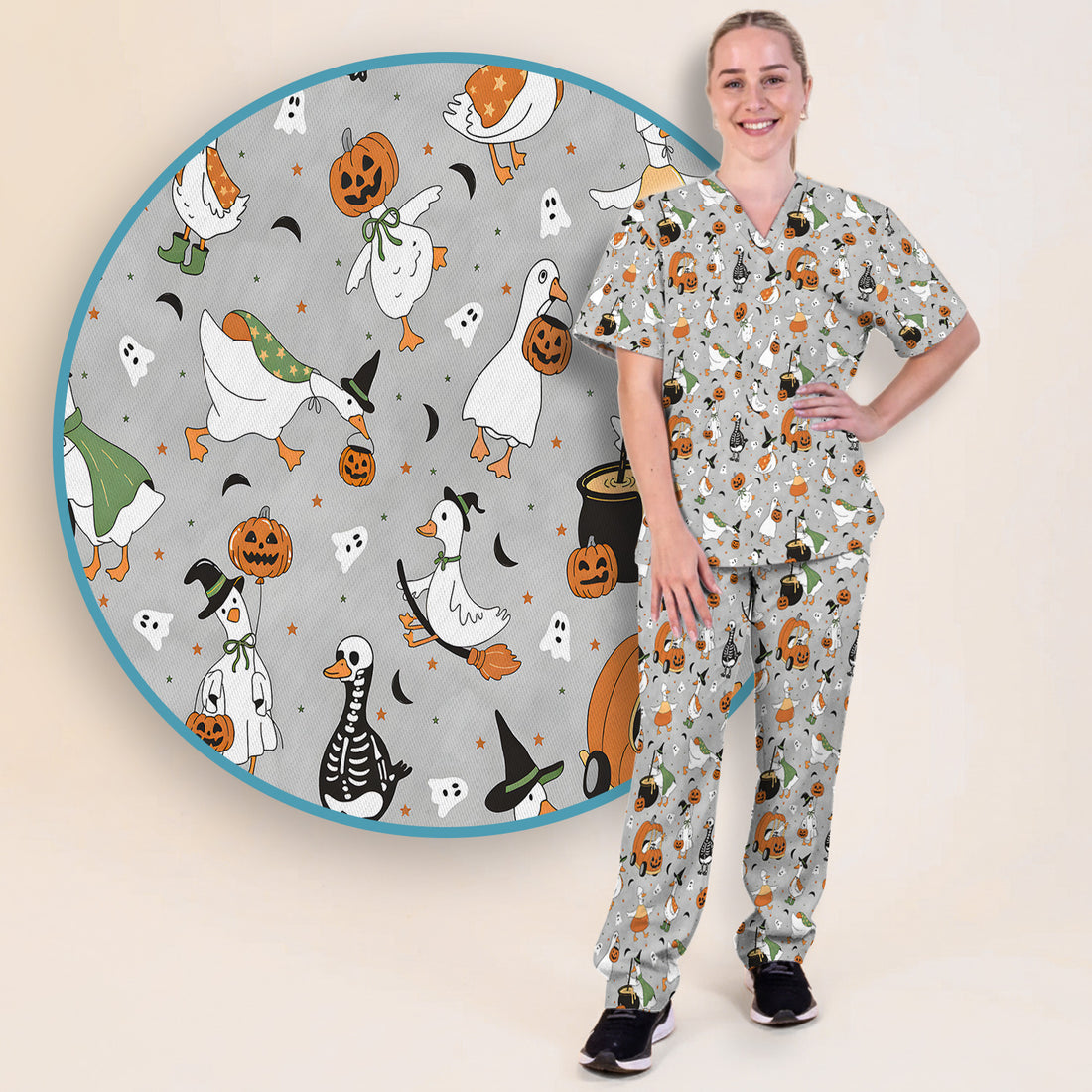 Goose with Pumpkin Checkered Print Scrub Set, Scrub Pants and V Neck Top