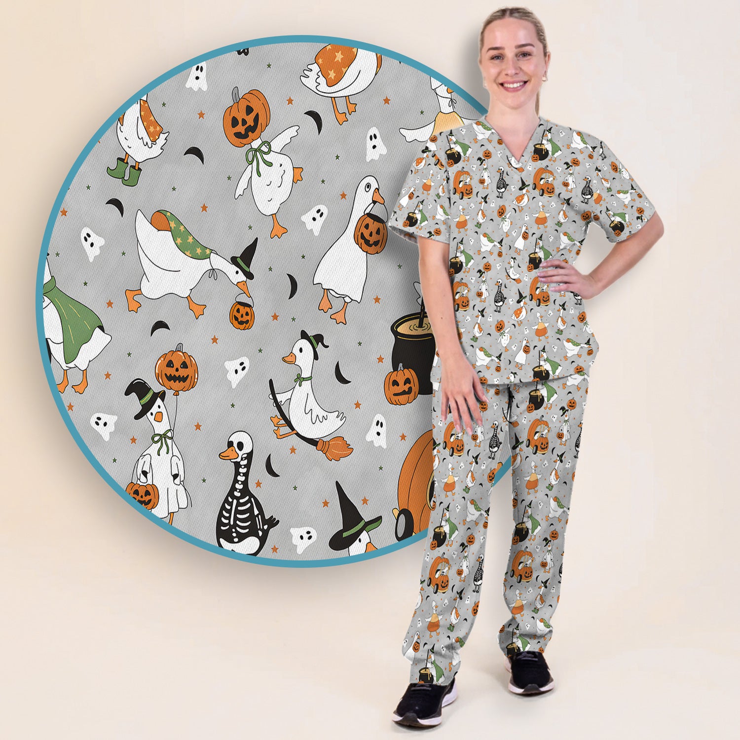 Goose with Pumpkin Checkered Print Scrub Set, Scrub Pants and V Neck Top