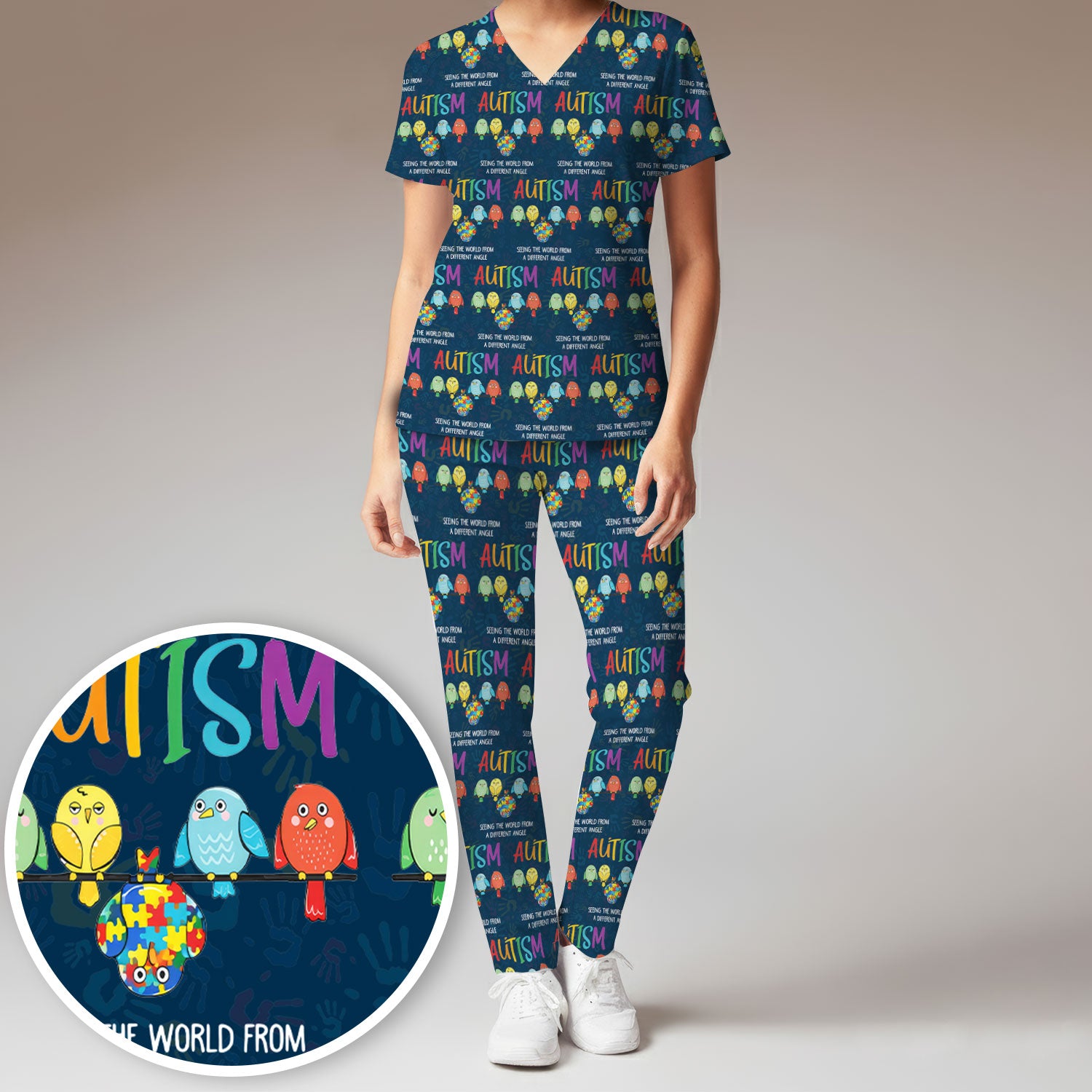 Autism Seeing The World From A Different Angle Birds Scrub Set, Breathable Med Uniform