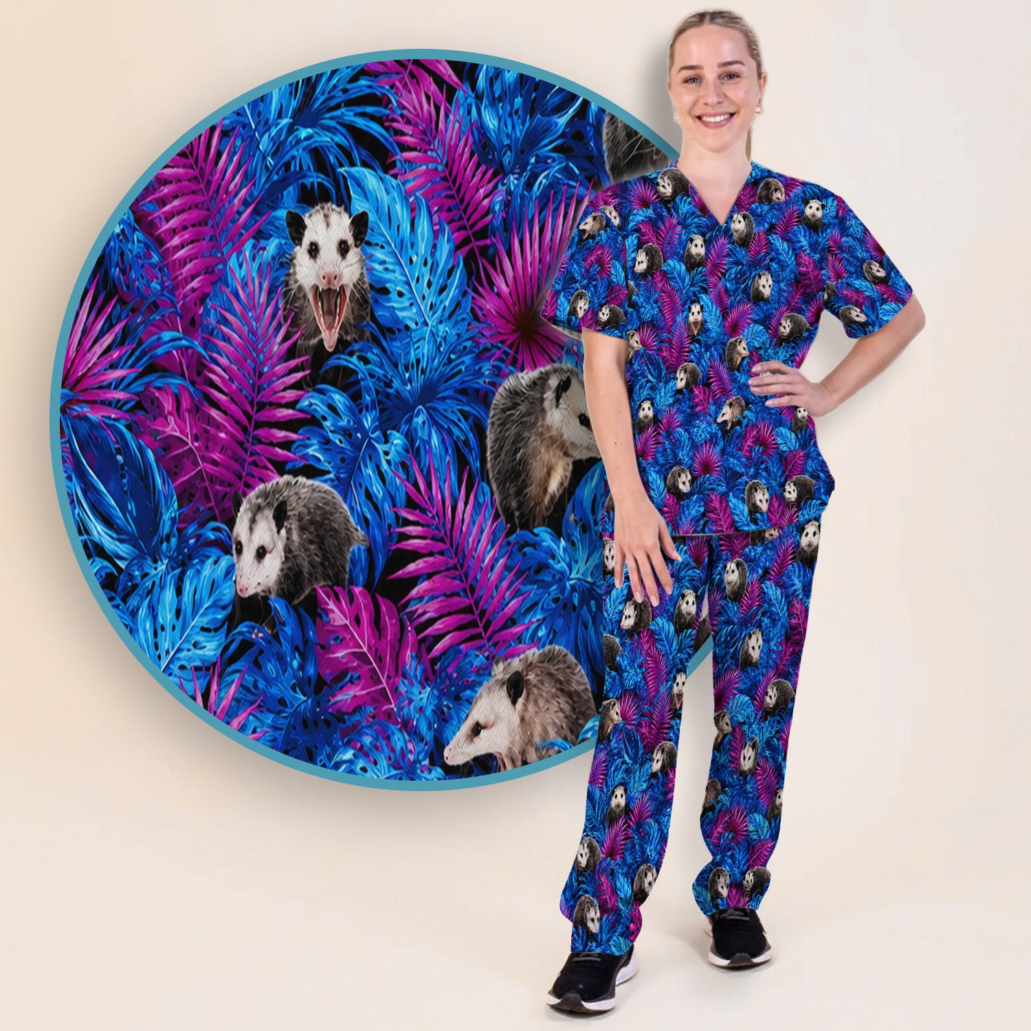 Cute Opossum Tropical Print Scrub Set, Scrub Pants and V Neck Top